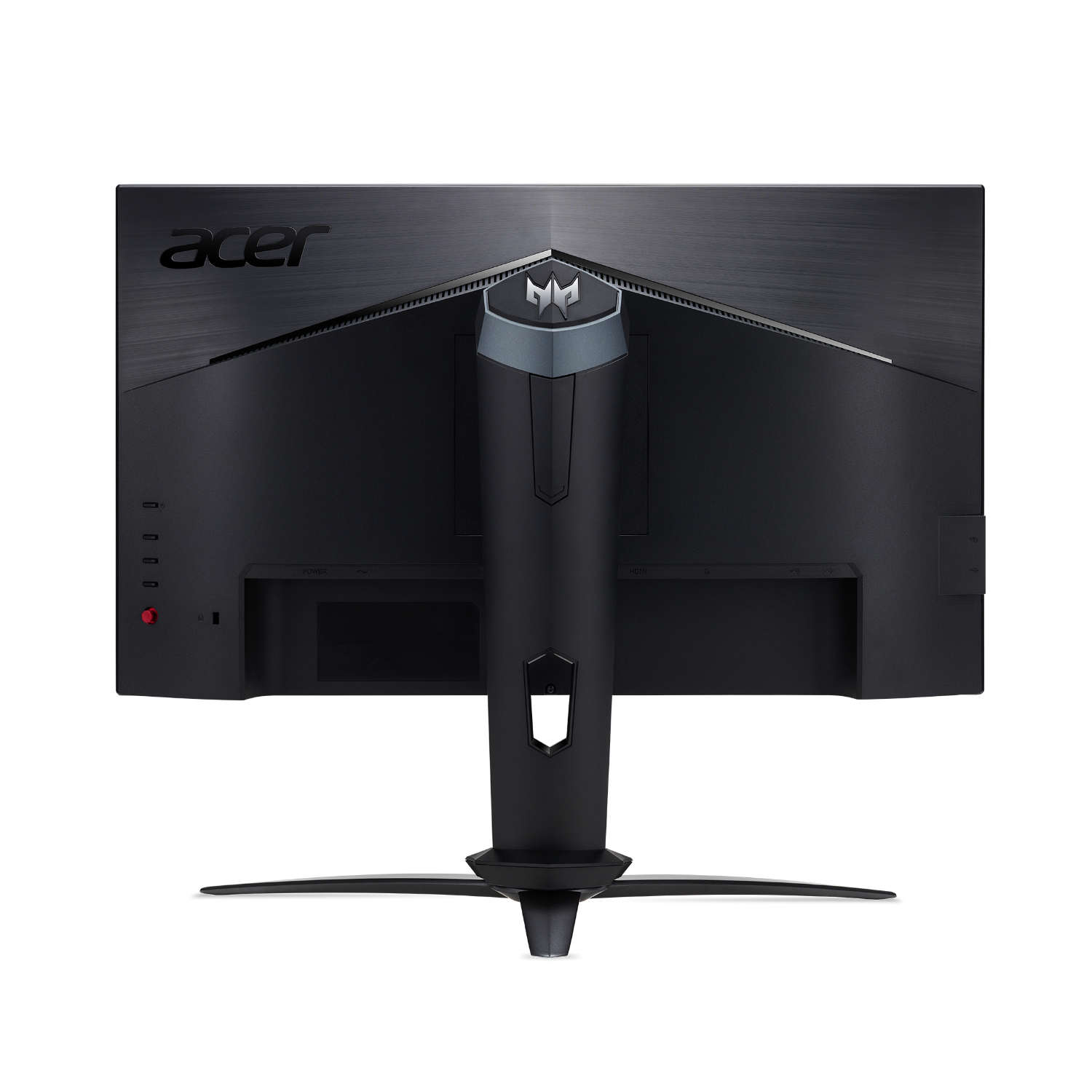 Monitor nero. Vista posteriore, che mostra porte e supporto. Logo Acer in alto.