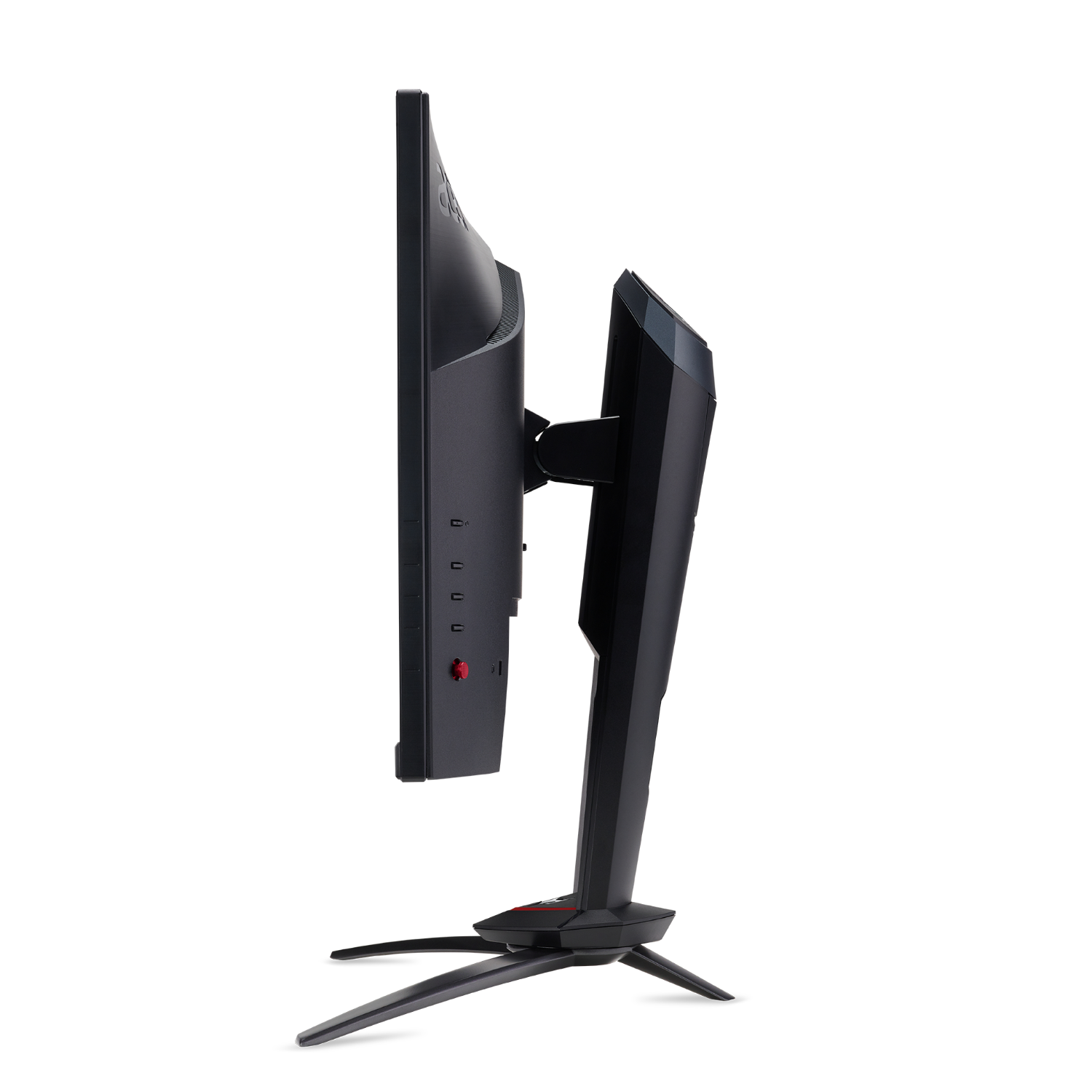 Vista laterale di un monitor nero con supporto.