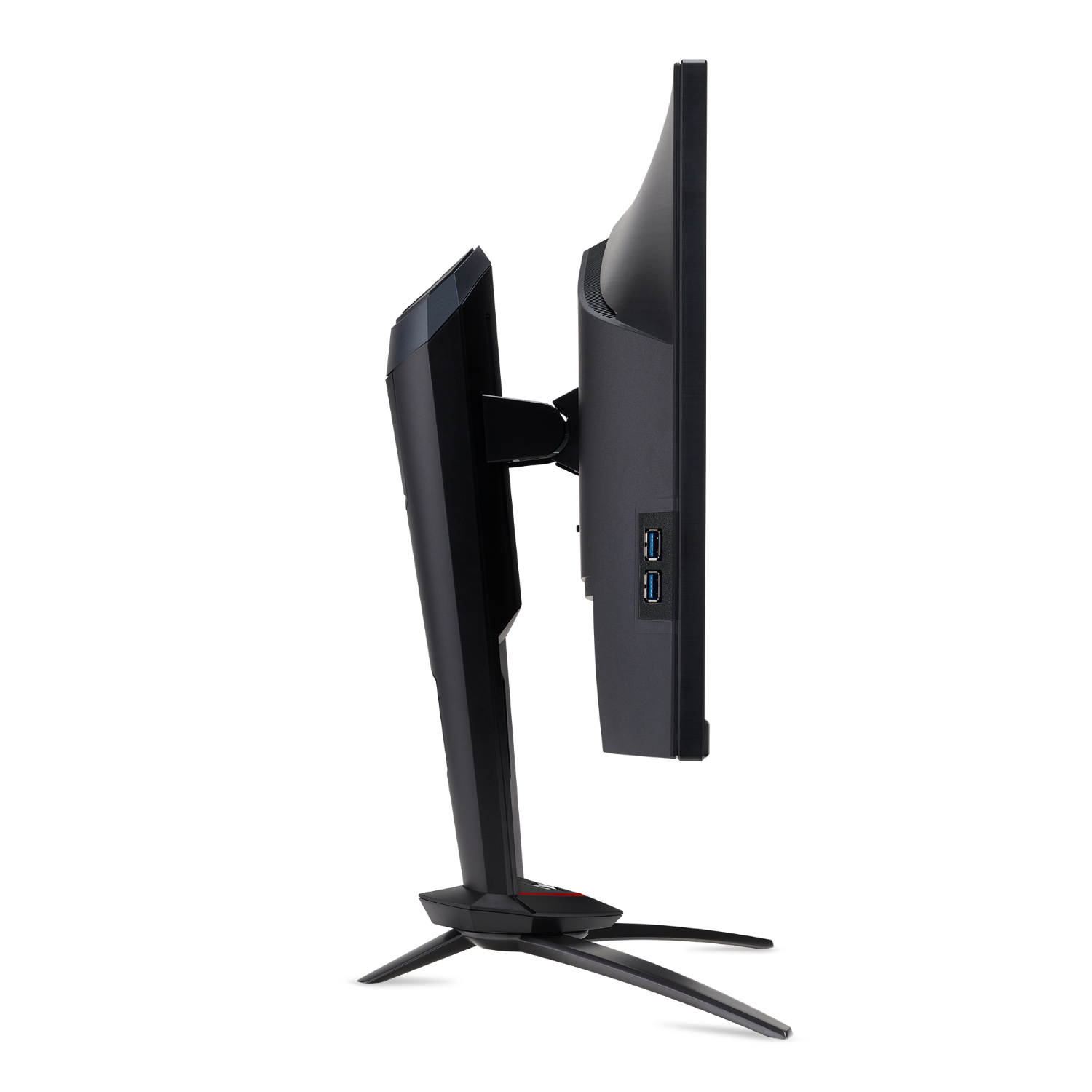 Vista laterale di un monitor per computer nero con supporto e porte USB.
