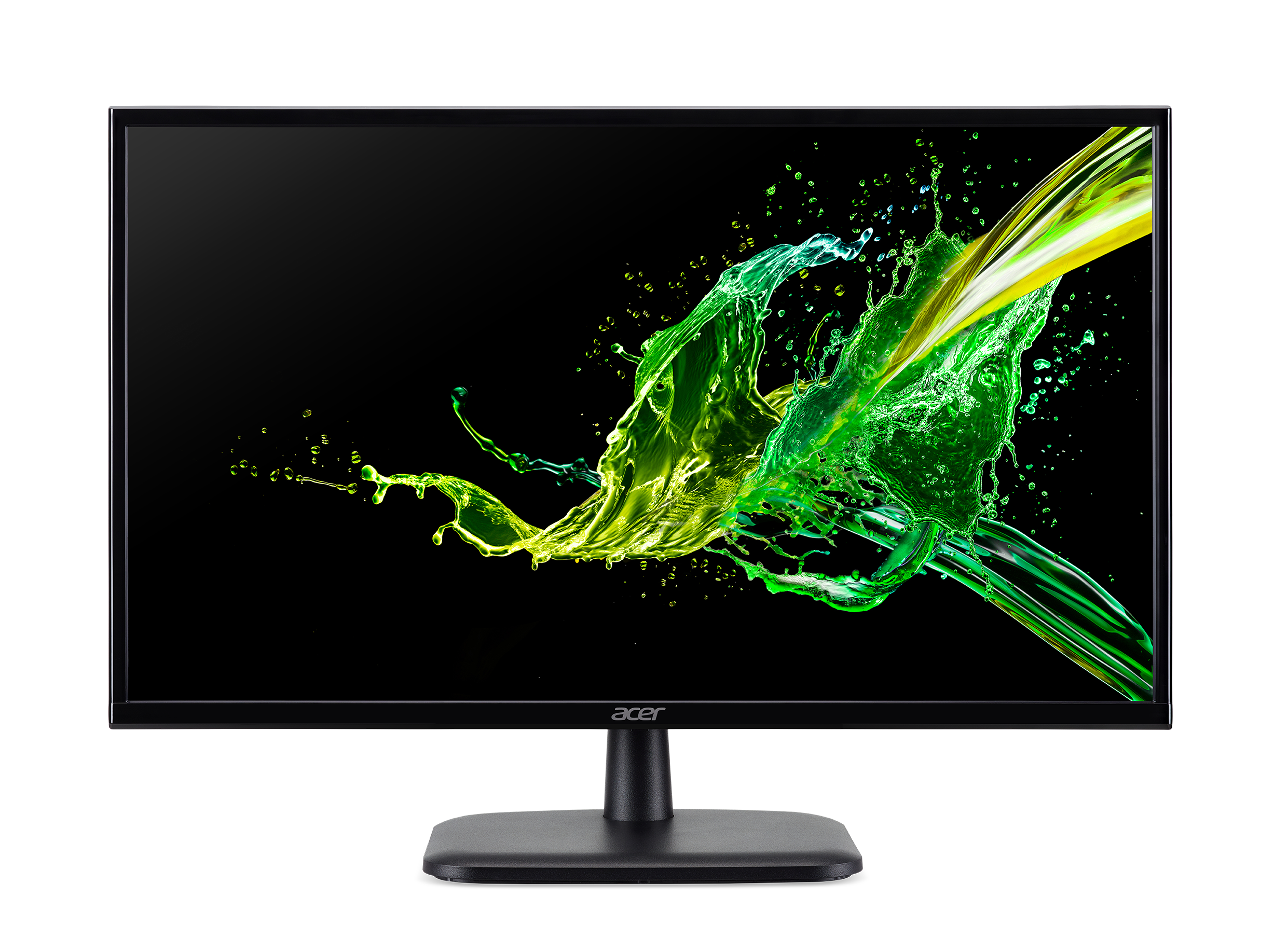 Monitor de computadora negro con una salpicadura de verde y amarillo sobre fondo negro.