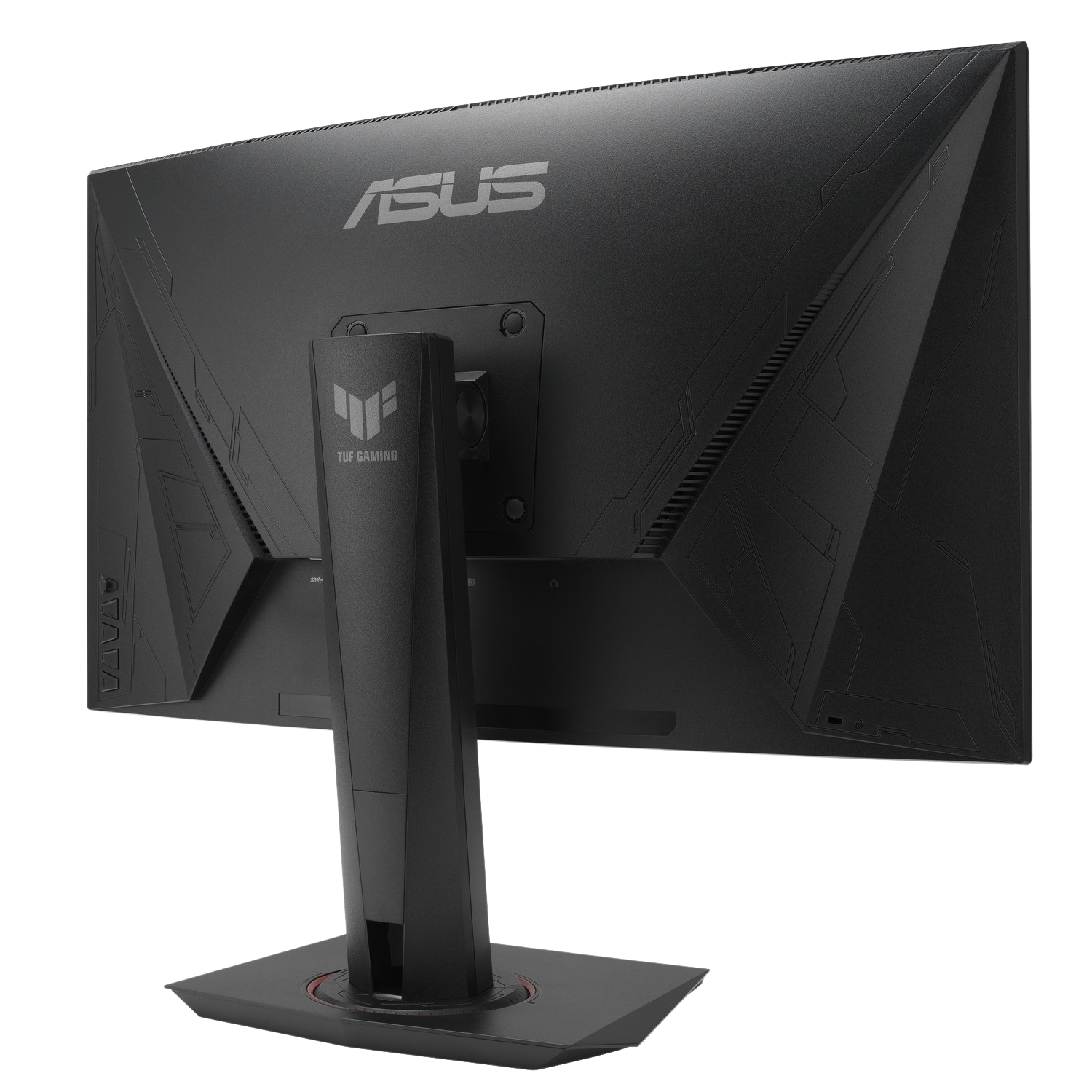 Schwarzer Computermonitor, Rückansicht. Es hat die Logos ASUS und TUF Gaming.
