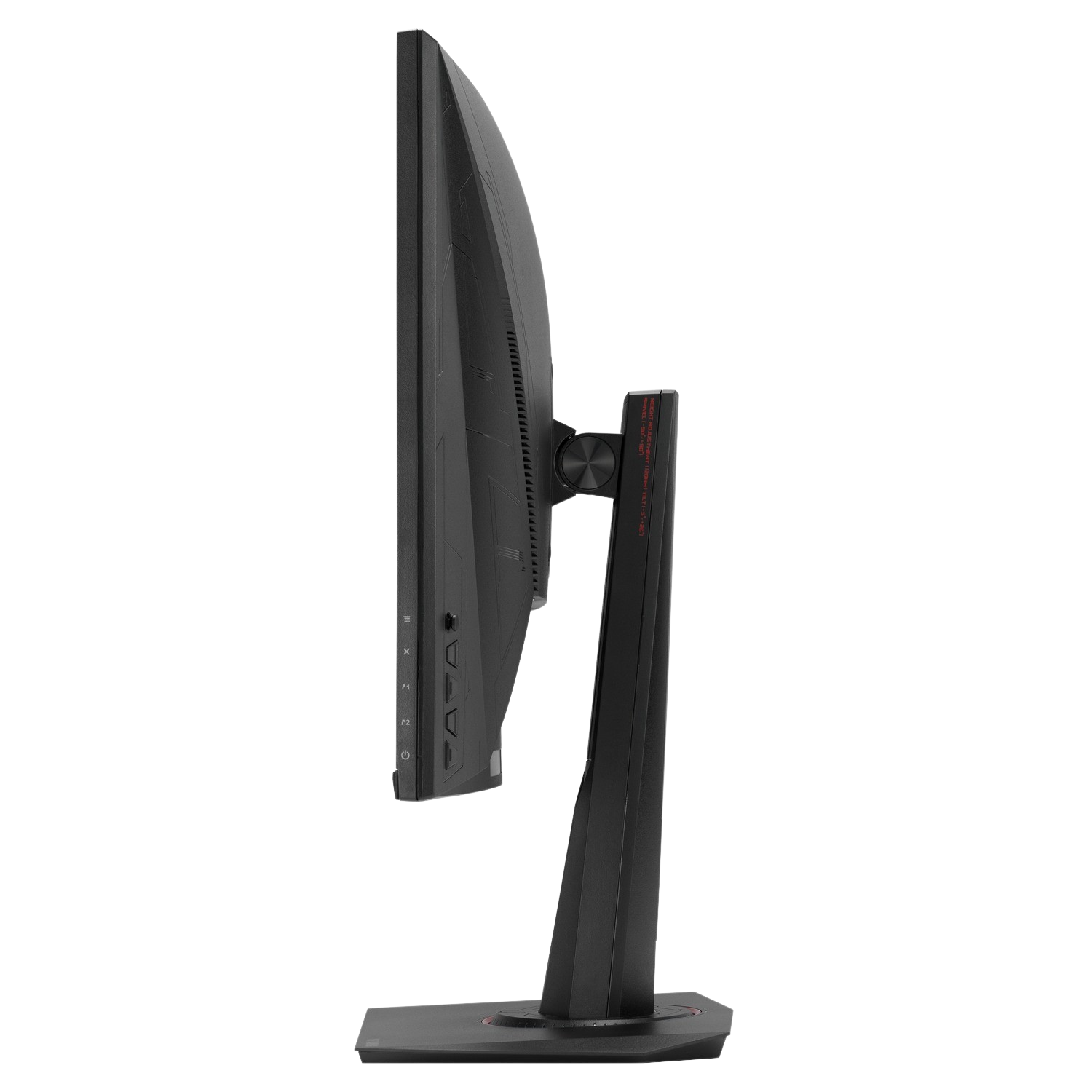 Seitenansicht eines schwarzen Computermonitors auf einem Ständer, schwarzer Hintergrund.