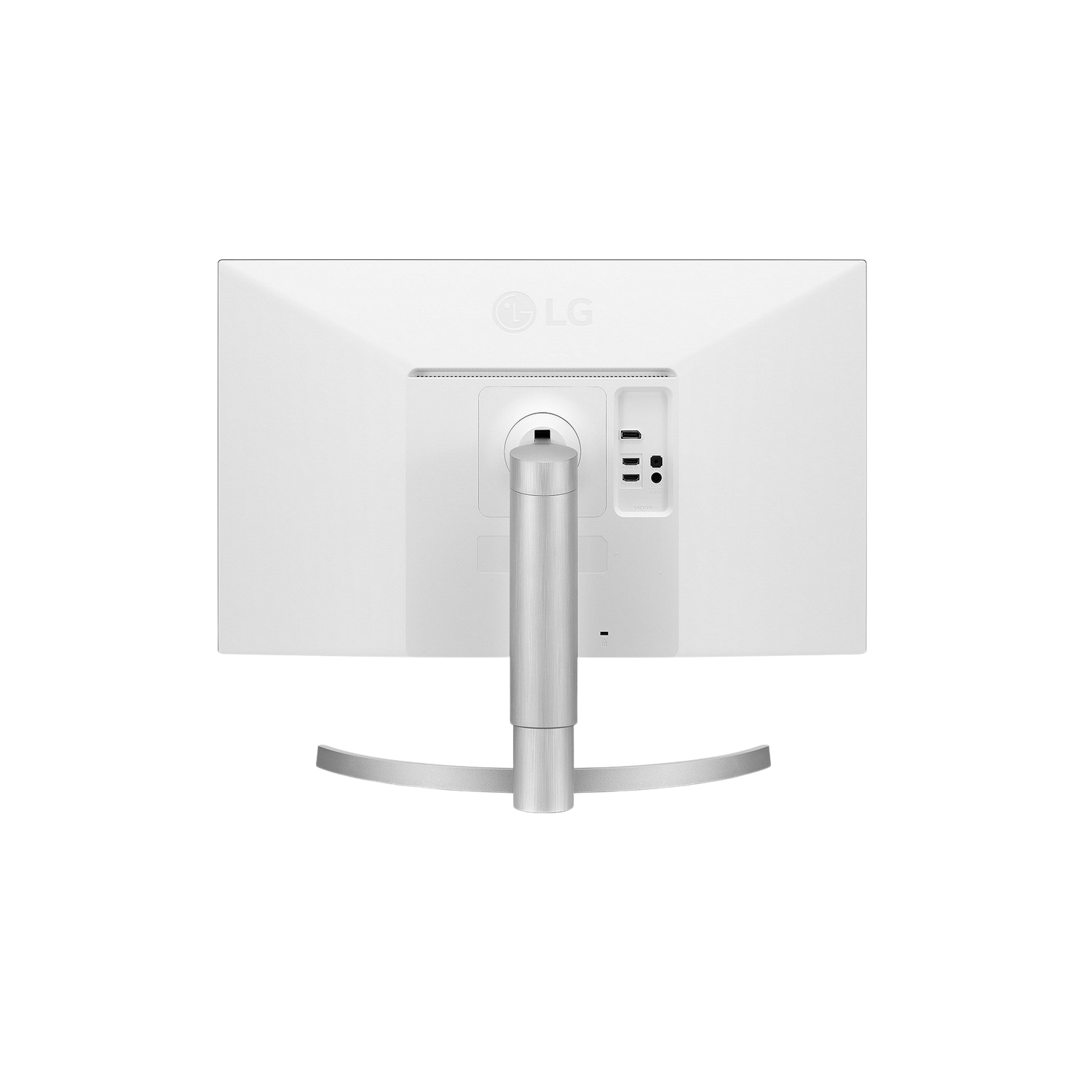 Retro del monitor bianco. Supporto argento, logo LG. Porte sul retro.