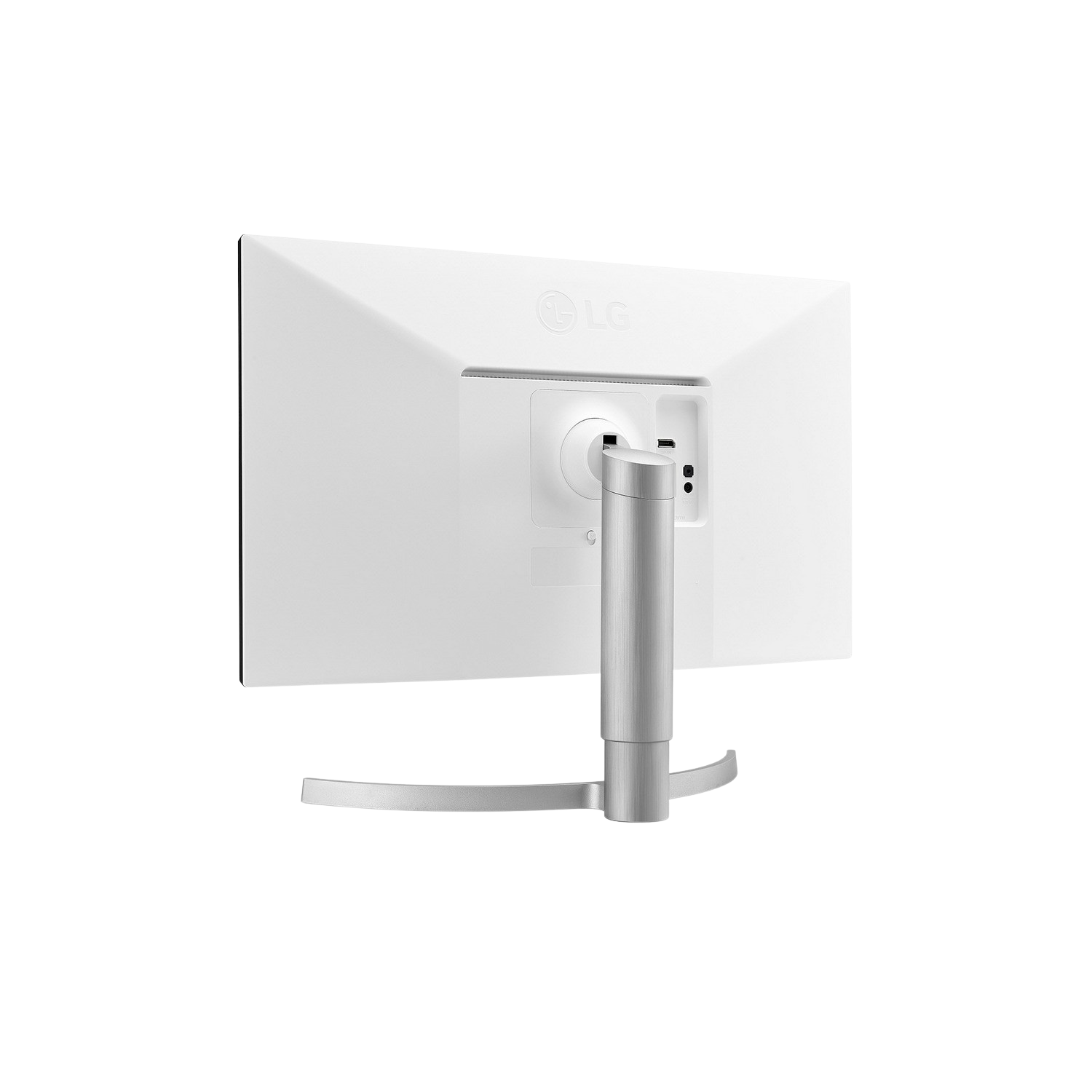 Schermo del computer bianco con porte e supporto. Sfondo nero.