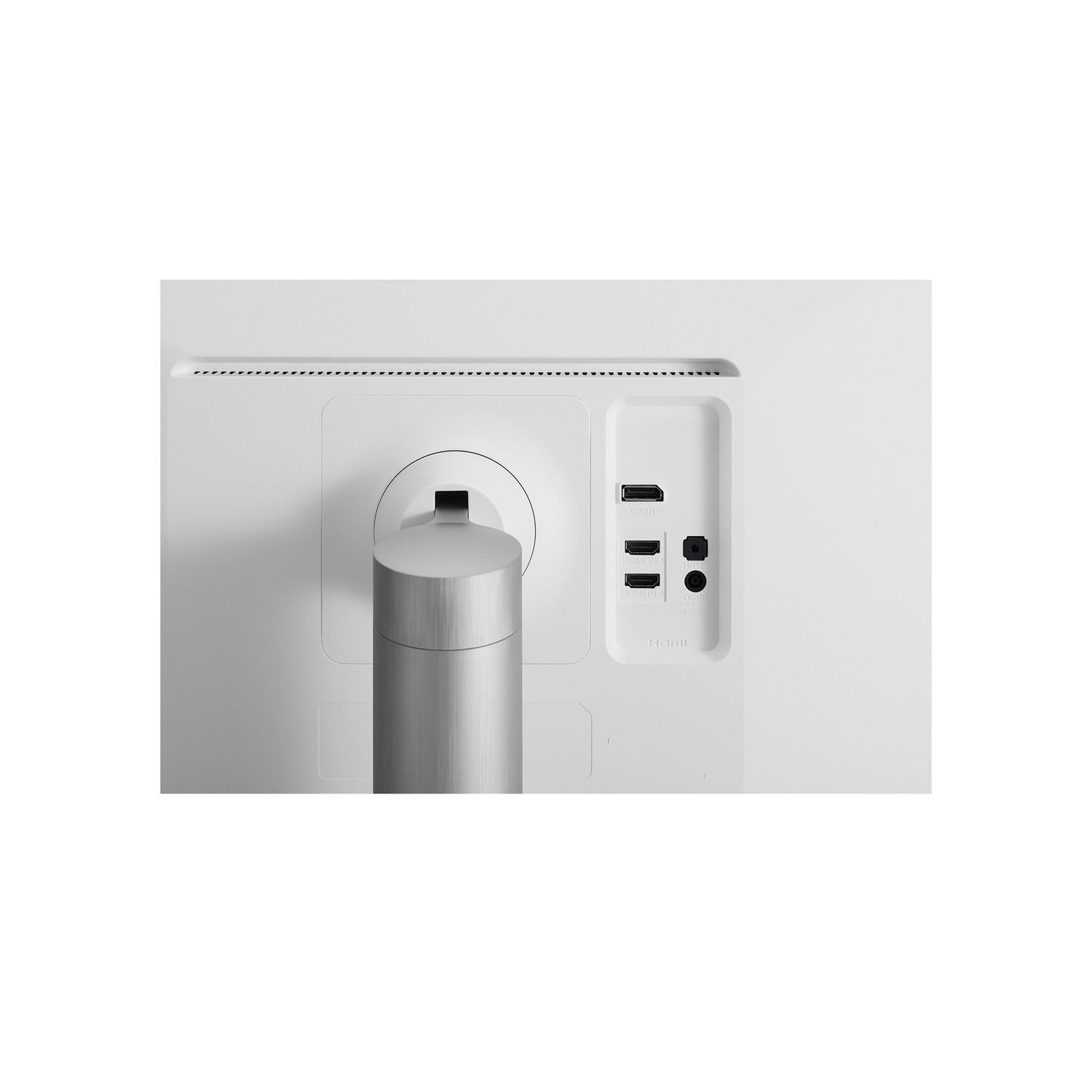 Retro di un monitor bianco con porte. Include un supporto e varie porte di connessione.