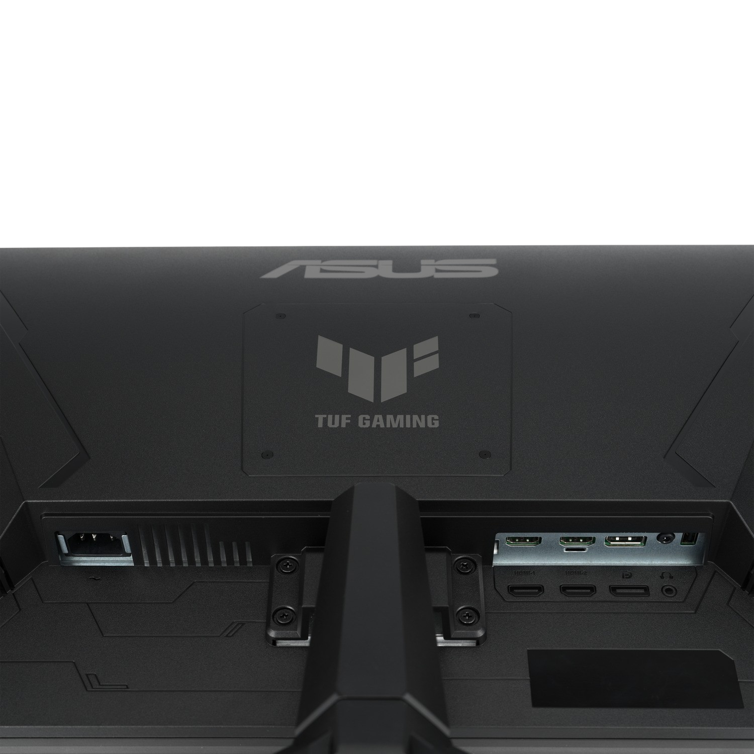 De achterkant van een zwarte ASUS TUF Gaming monitor met ingangen en het merklogo.