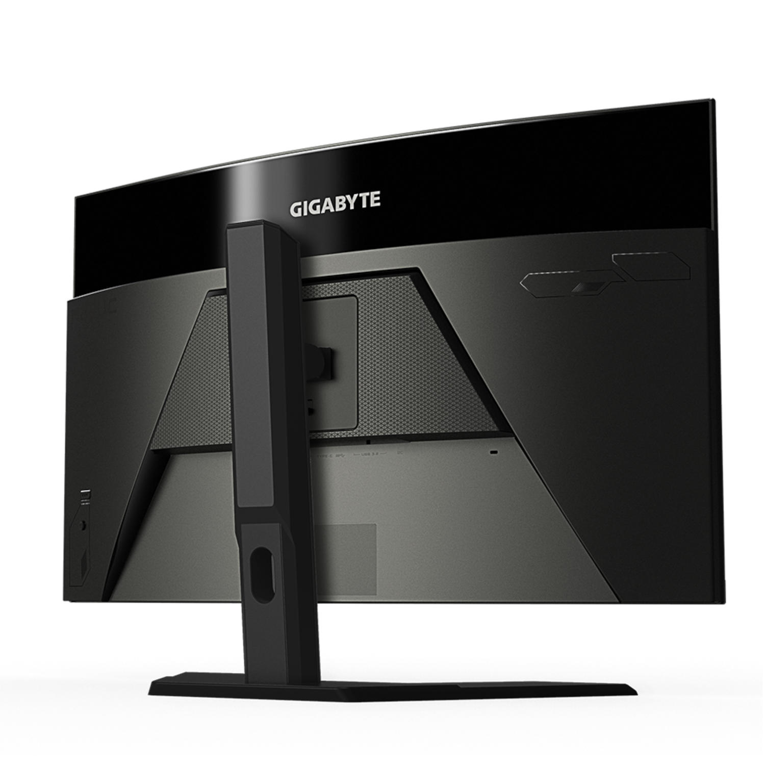 Monitor Gigabyte nero, vista posteriore. Il monitor ha un supporto e delle porte.