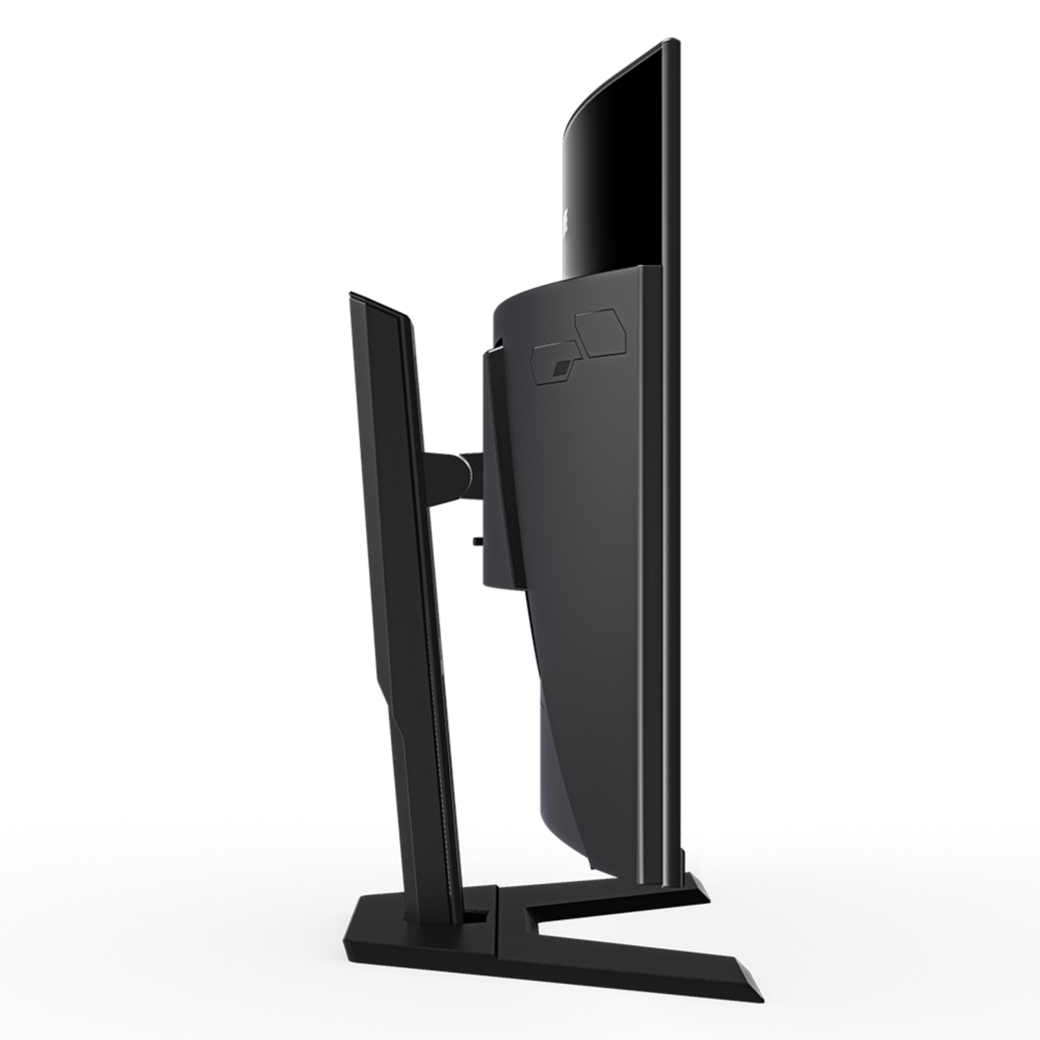 Vista laterale di un monitor nero con supporto.