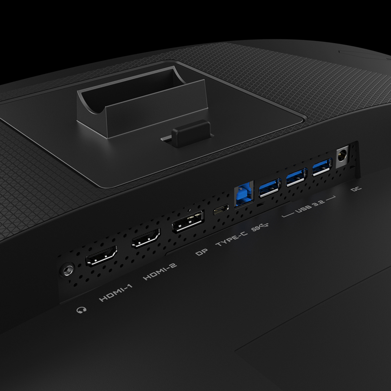 Pannello posteriore del monitor. Nero, porte HDMI, USB, Tipo-C.