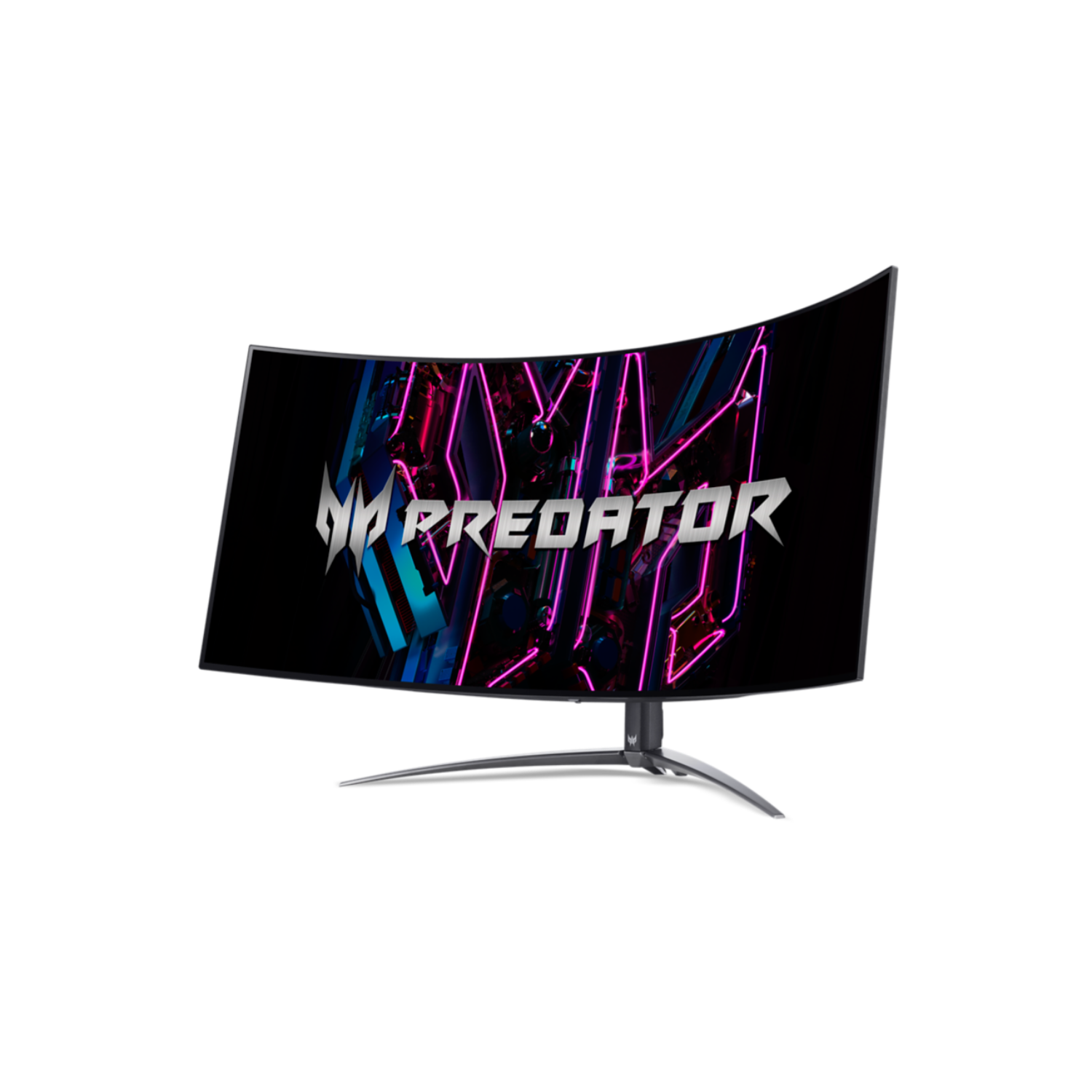 Zakrzywiony monitor komputera z czarnym ekranem wyświetlającym słowo PREDATOR w neonowych kolorach.