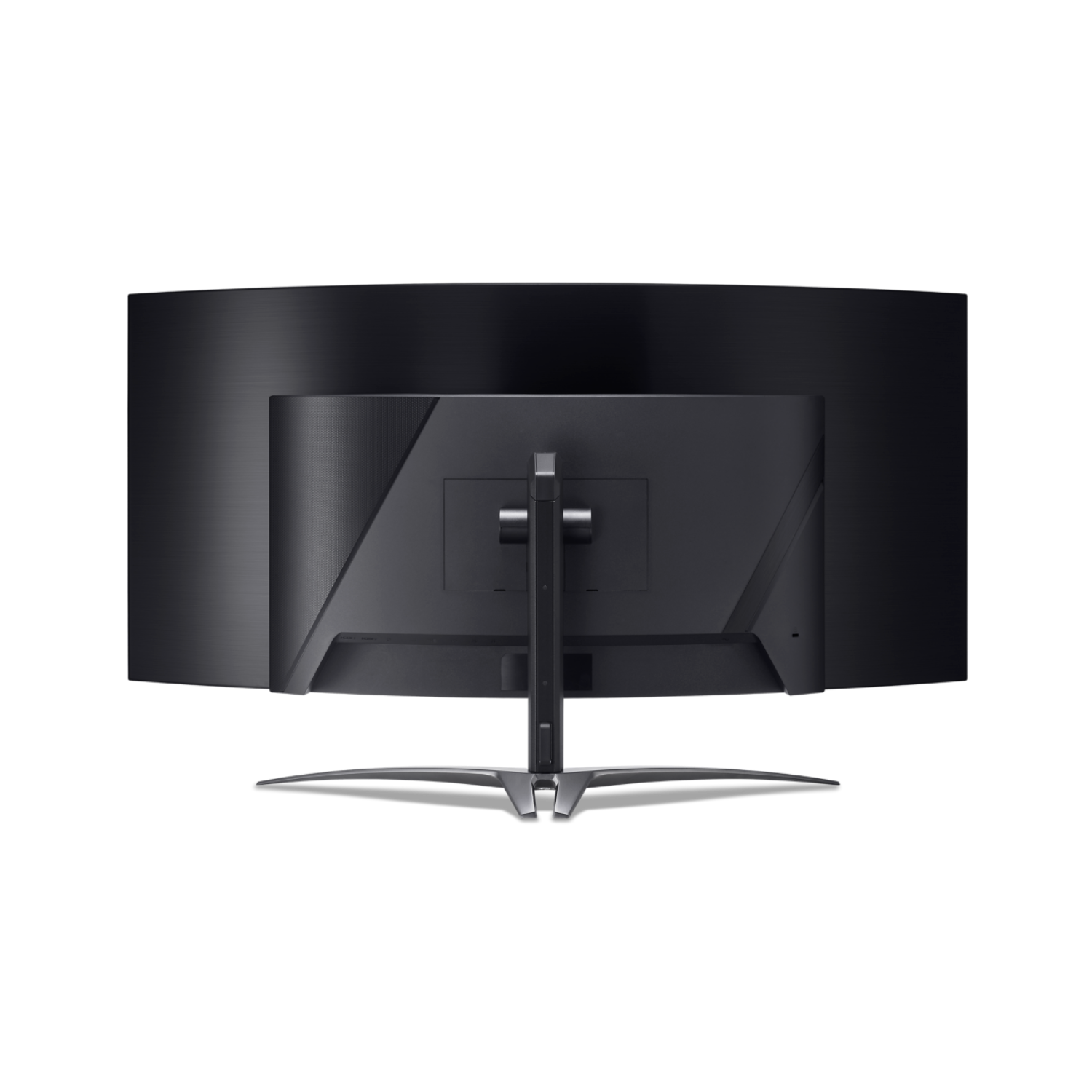 Widok z tyłu zakrzywionego czarnego monitora na czarnym tle. Podstawa jest srebrna i ma unikalny design.