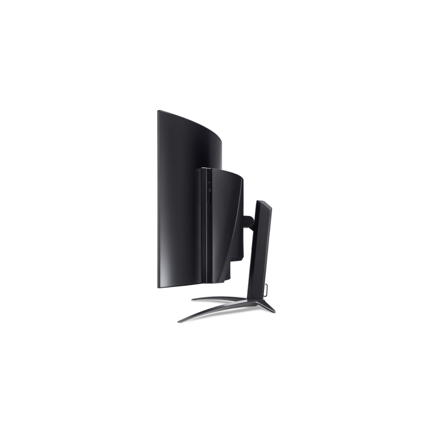 Czarny monitor z zakrzywionym ekranem, widok z boku, na białym tle.