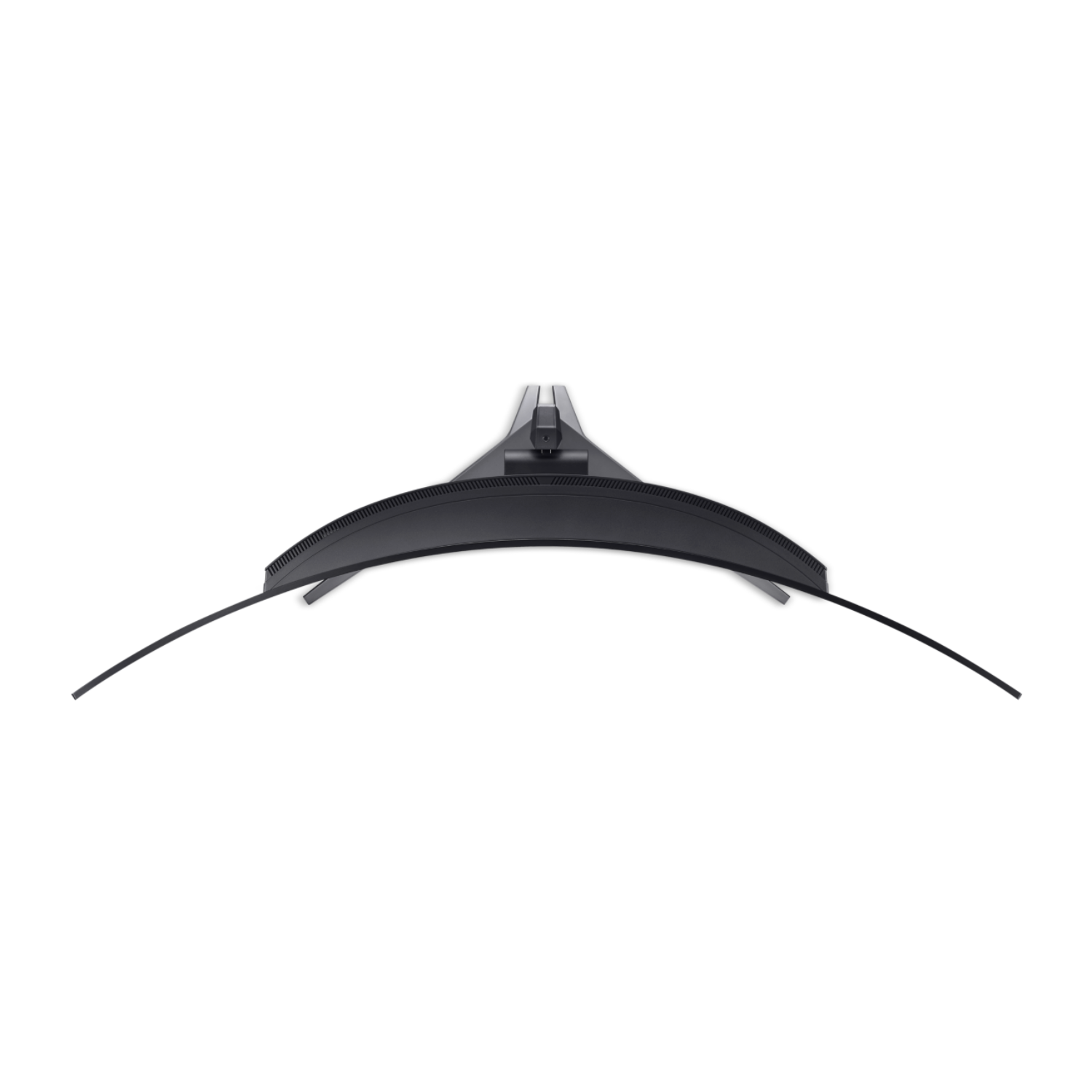 Zakrzywiony monitor komputera, czarna ramka na czarnym tle.