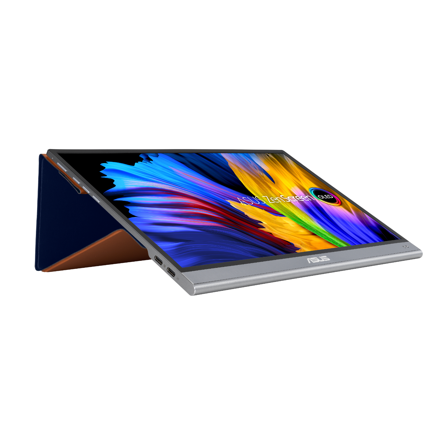 Un tablet con supporto, una custodia blu e marrone e uno schermo che mostra motivi colorati.