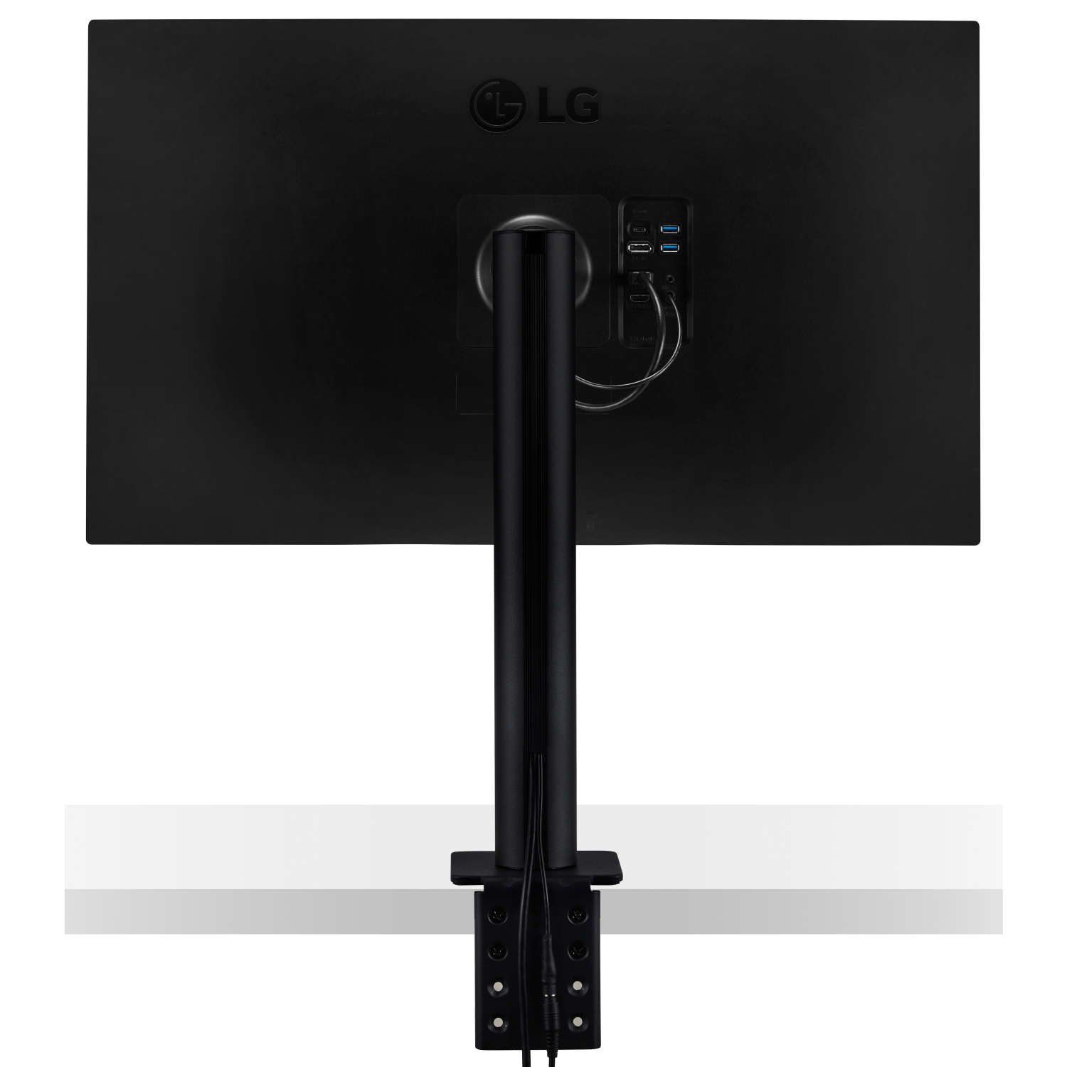 La parte posteriore di un monitor per computer nero con più porte e un supporto di montaggio.