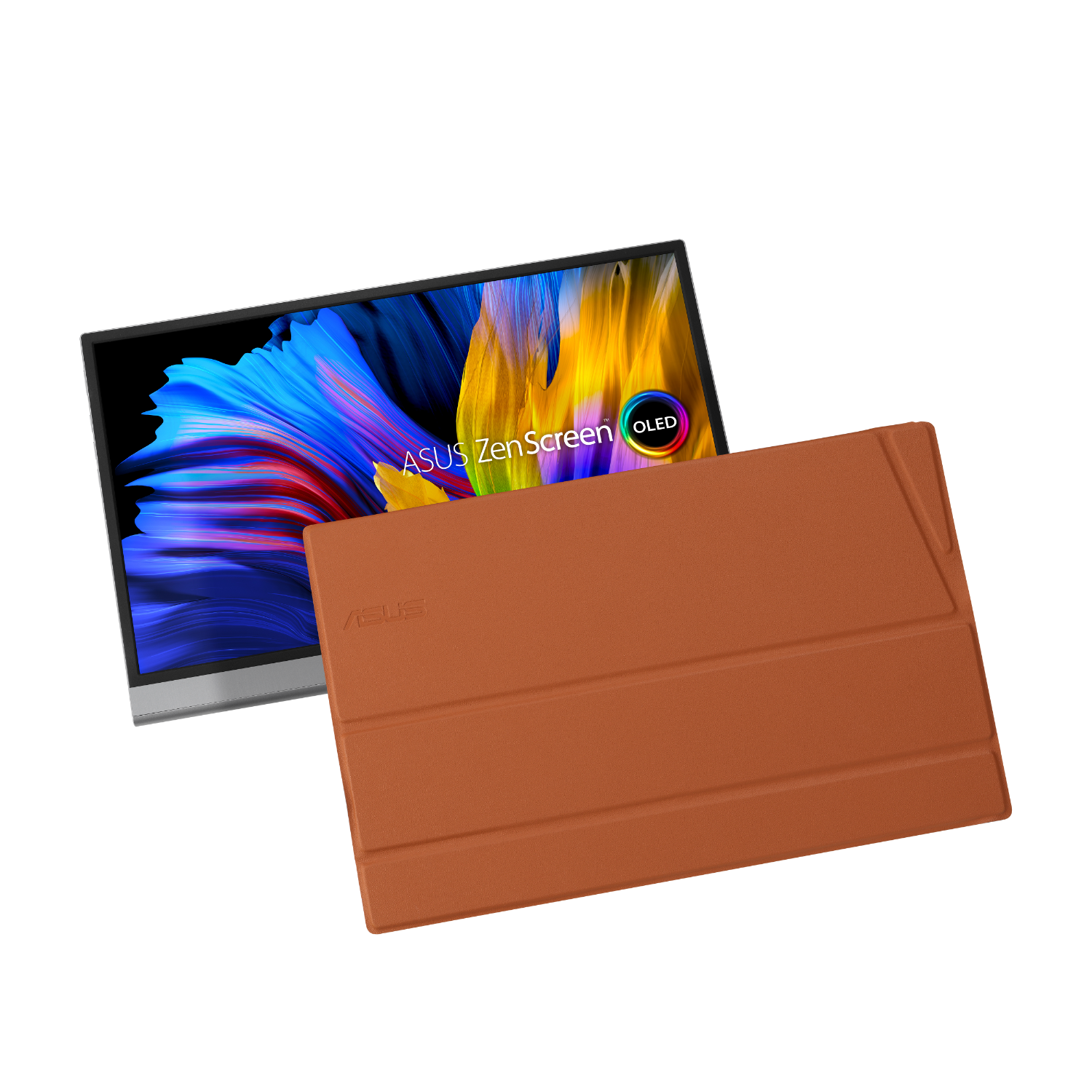 Schermo del laptop con display colorato, coperto da custodia marrone, con logo ASUS.