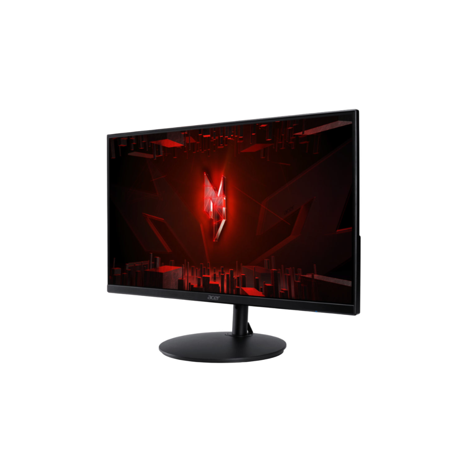 Czarny monitor z czerwonym logo na ekranie, logo Acer na dole, na czarnym tle.