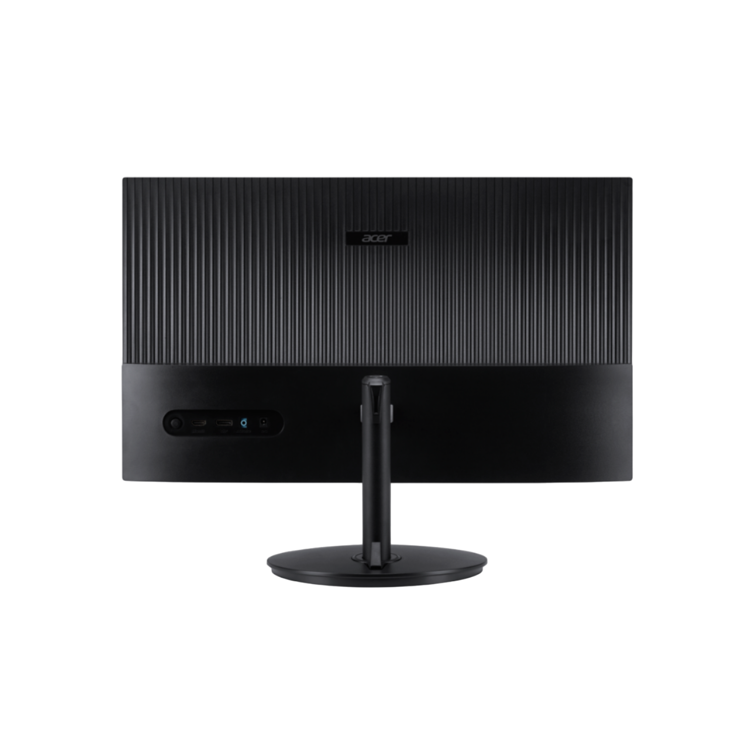 Czarny monitor komputera, widok z tyłu, z pionowymi liniami i logo Acer. Porty widoczne na dole.