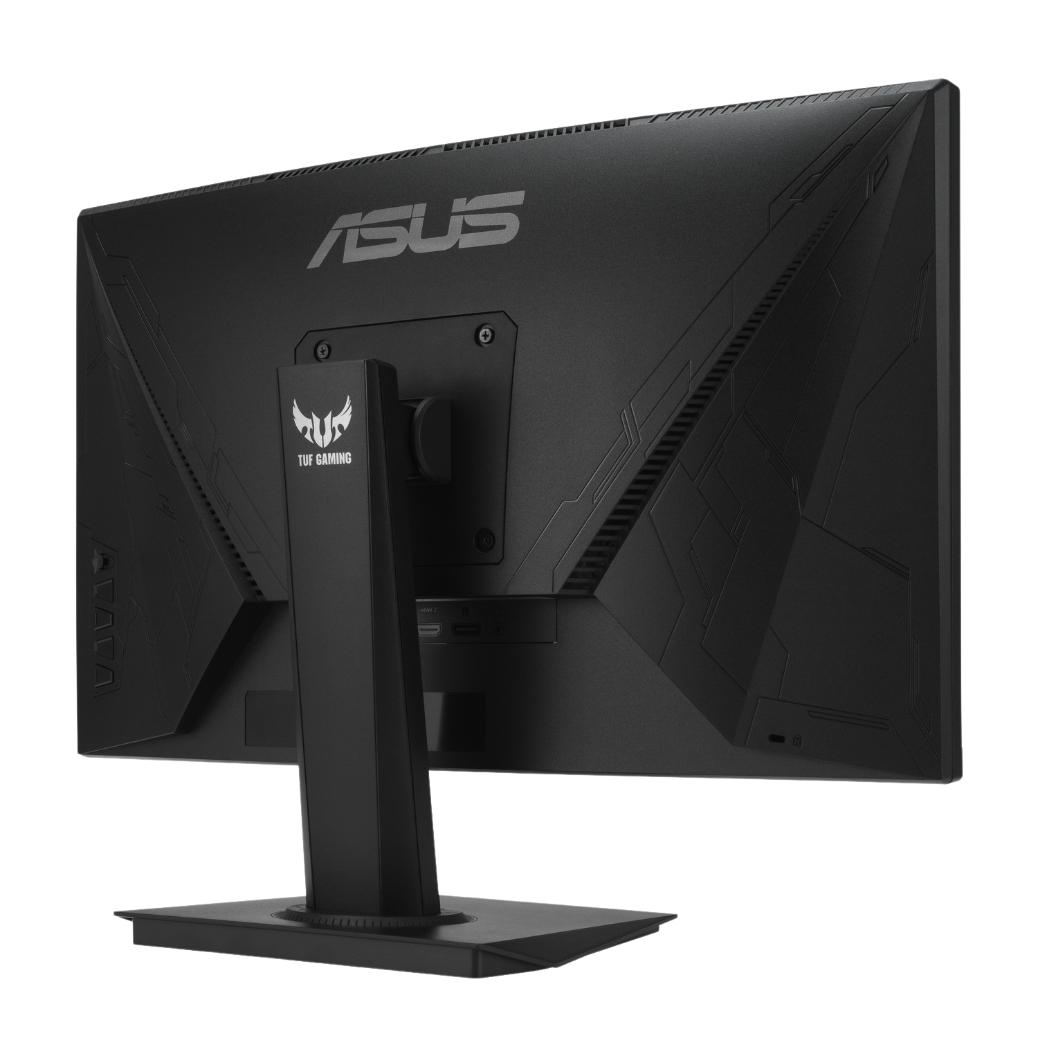 Achterkant van een zwarte computermonitor met ASUS- en TUF GAMING-logo's.