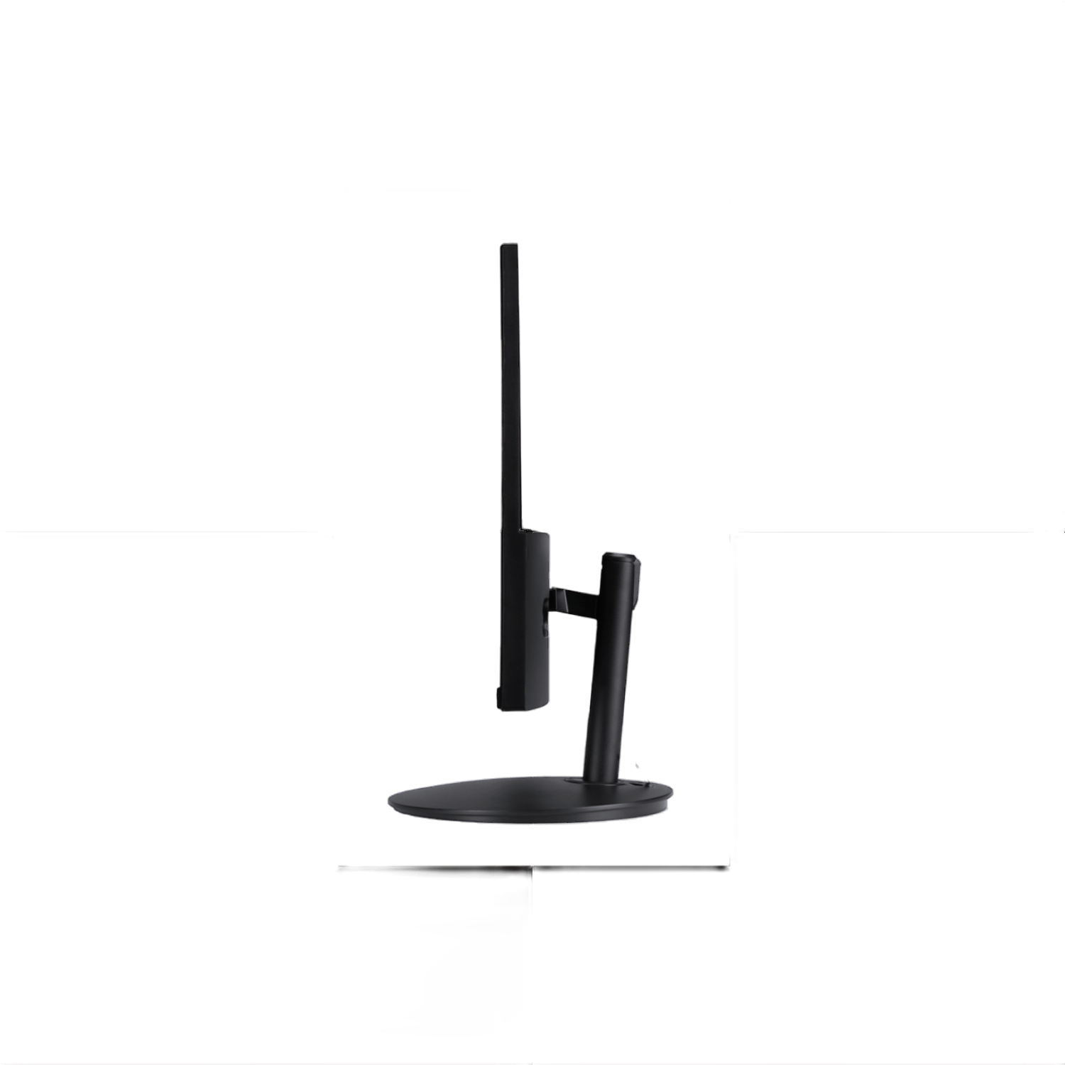 Czarny monitor. Widok z boku pokazujący podstawę i ekran.