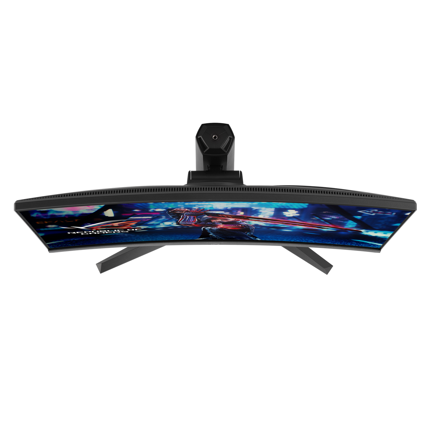 Zakrzywiony czarny monitor do gier z logo i dwoma stojakami.