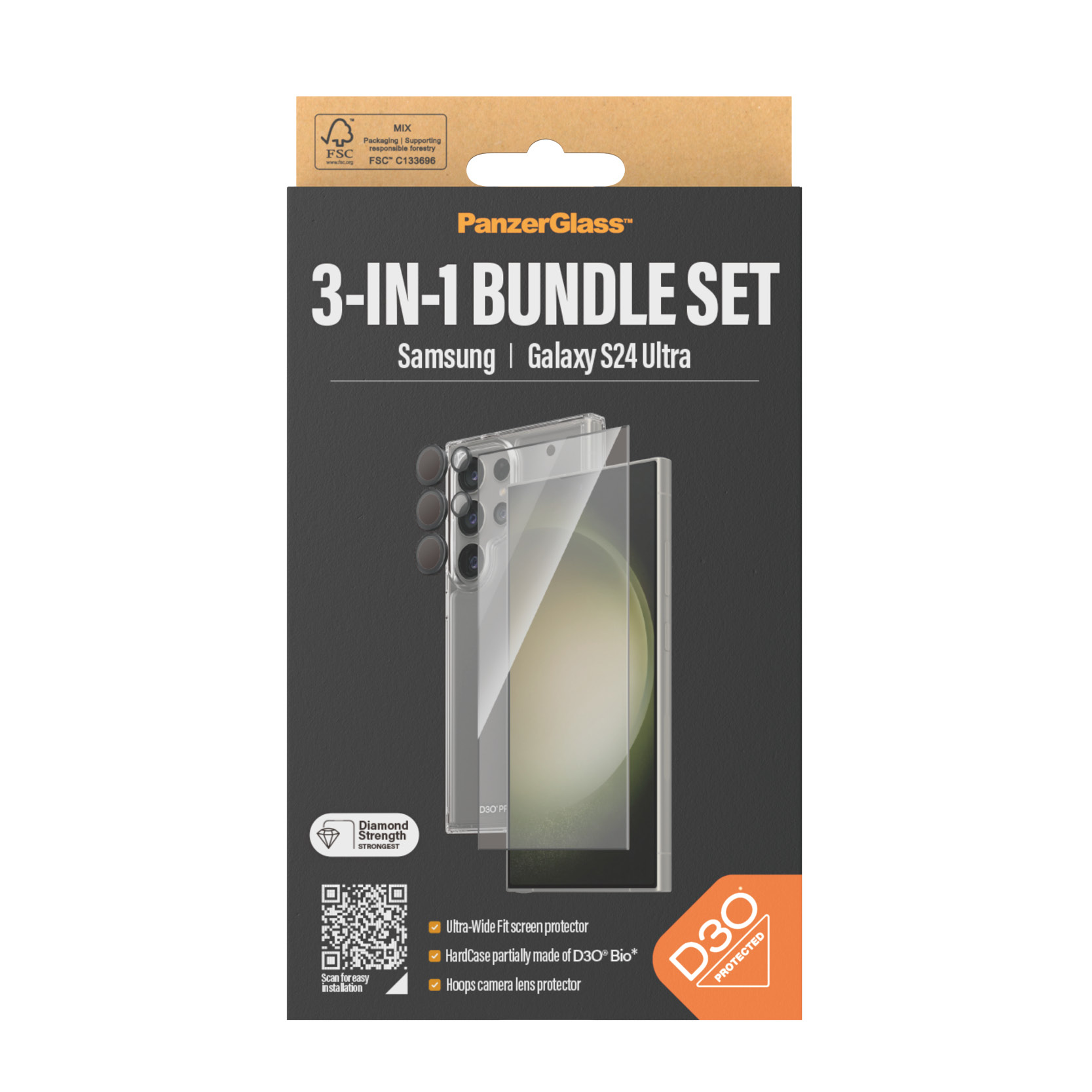 Una caja para un juego de protectores de pantalla de teléfono. Tiene una imagen de teléfono y protector.