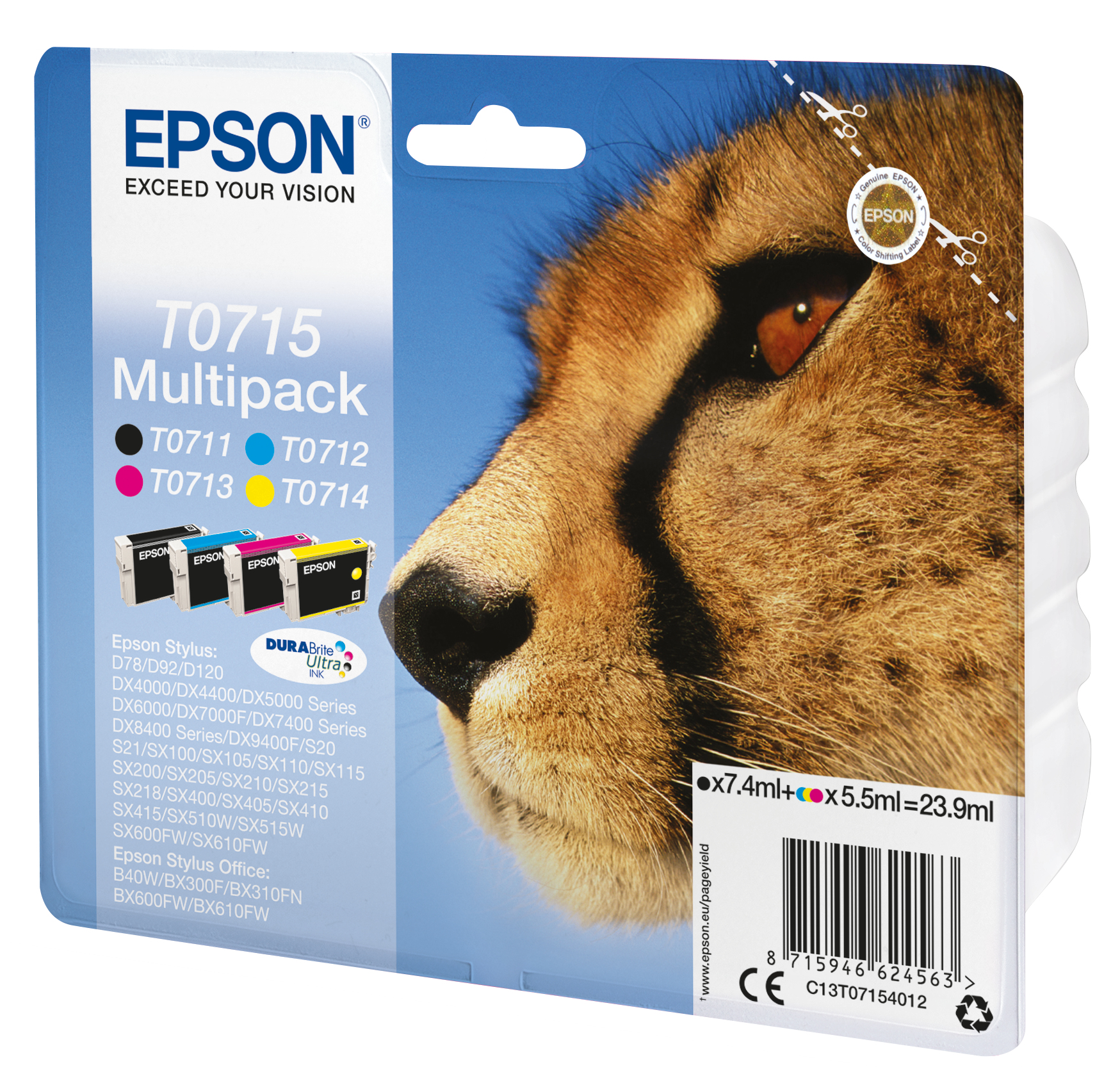 Multipack de cartuchos de tinta Epson. La imagen muestra un guepardo y los cartuchos en varios colores.