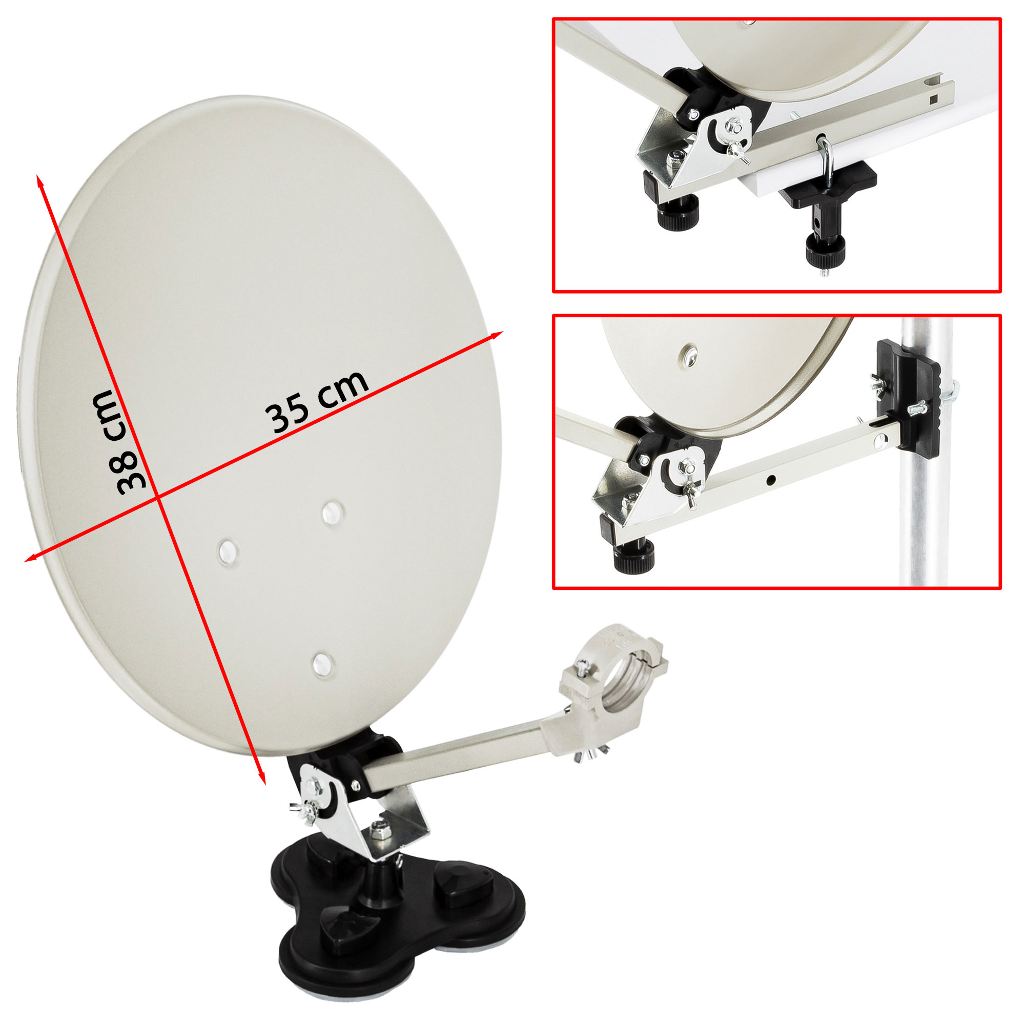 Weiße Satellitenschüssel mit Maßen und Details der Befestigungshardware.