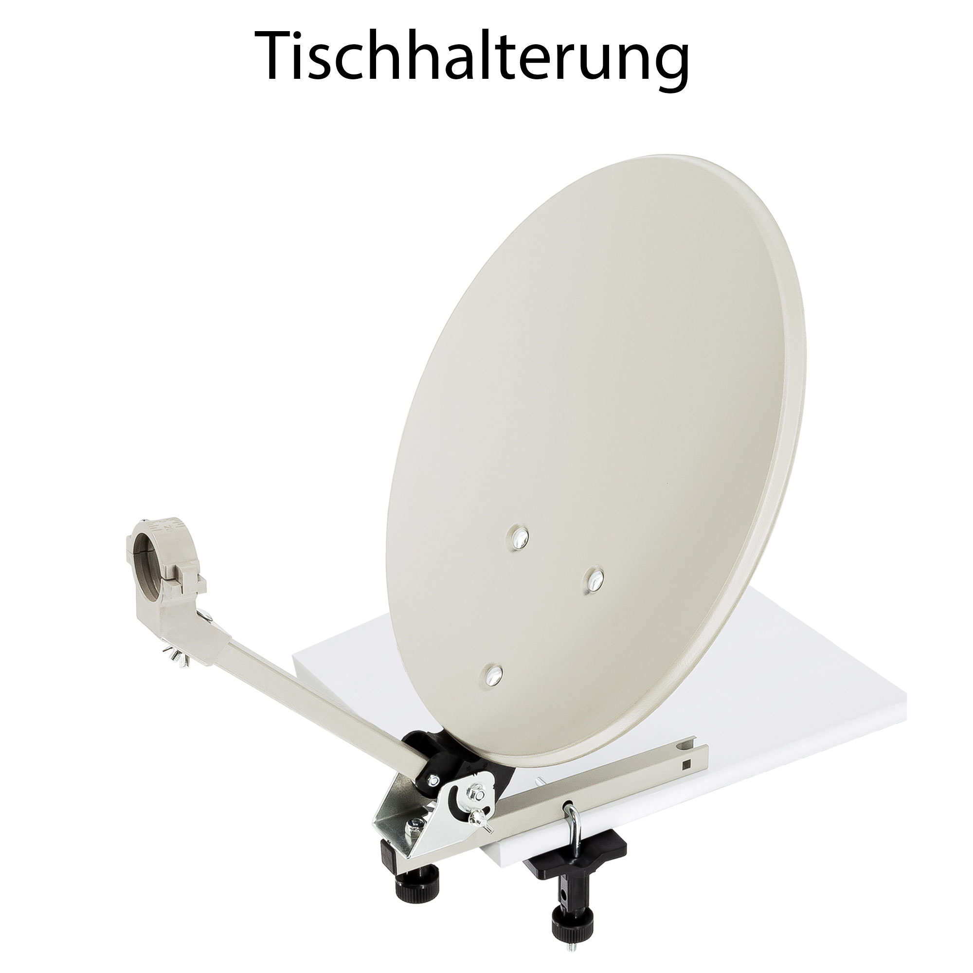 Eine Satellitenschüsselantenne, die auf einer weißen Oberfläche montiert ist, mit dem Wort „Tischhalterung“ darüber.