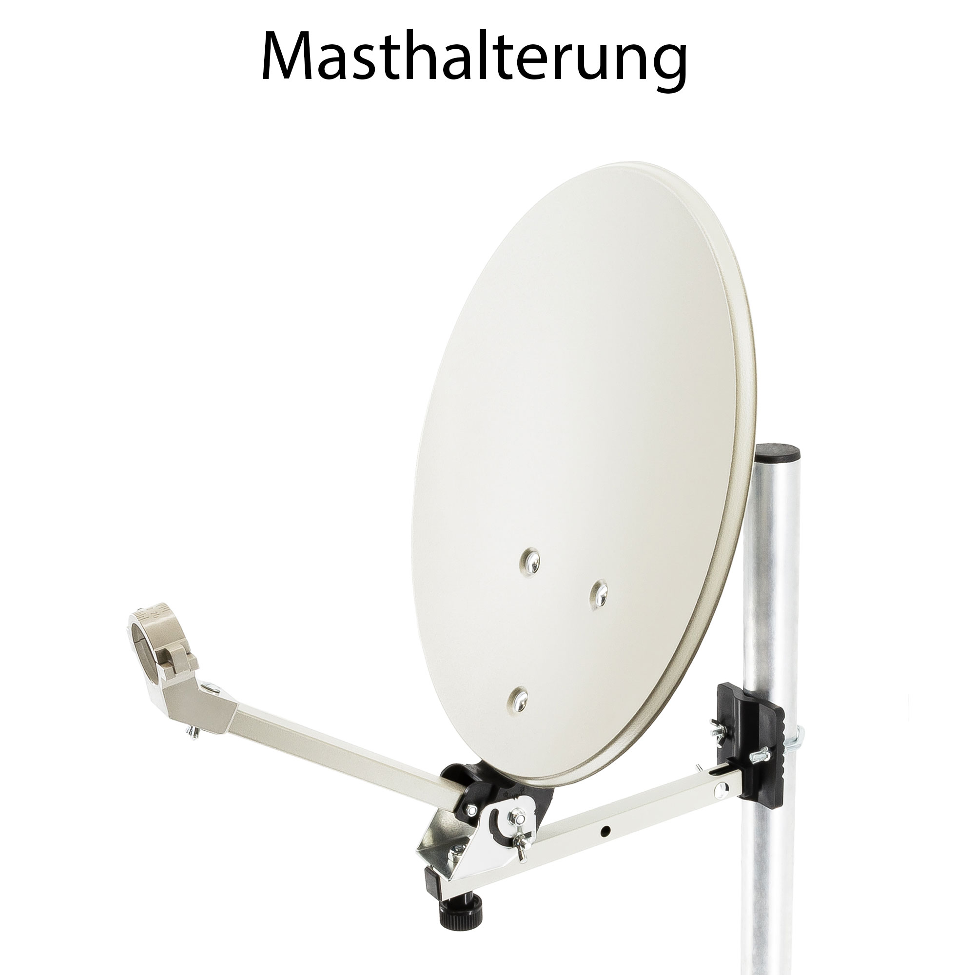 Eine Satellitenschüssel an einer Stange befestigt. Die Schüssel ist weiß und die Halterung ist silber.
