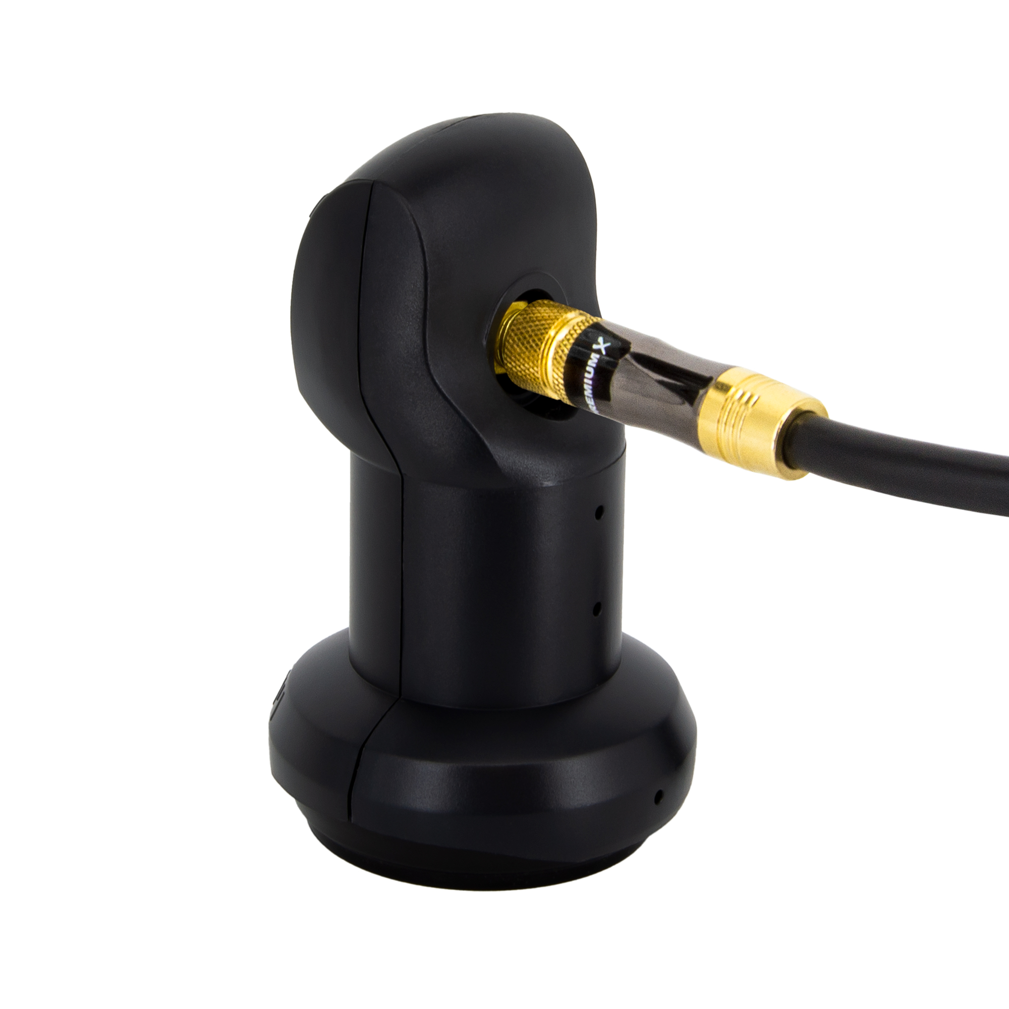 Schwarzer gewinkelter Koaxialkabeladapter mit goldenem Stecker.