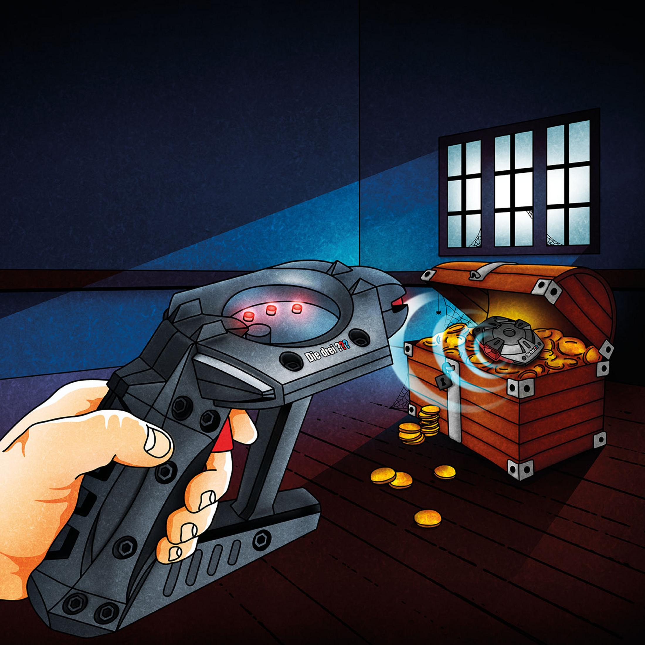 Eine Hand hält ein Gerät in der Nähe einer Schatzkiste. Eine Cartoon-Szene in einem dunklen Raum.