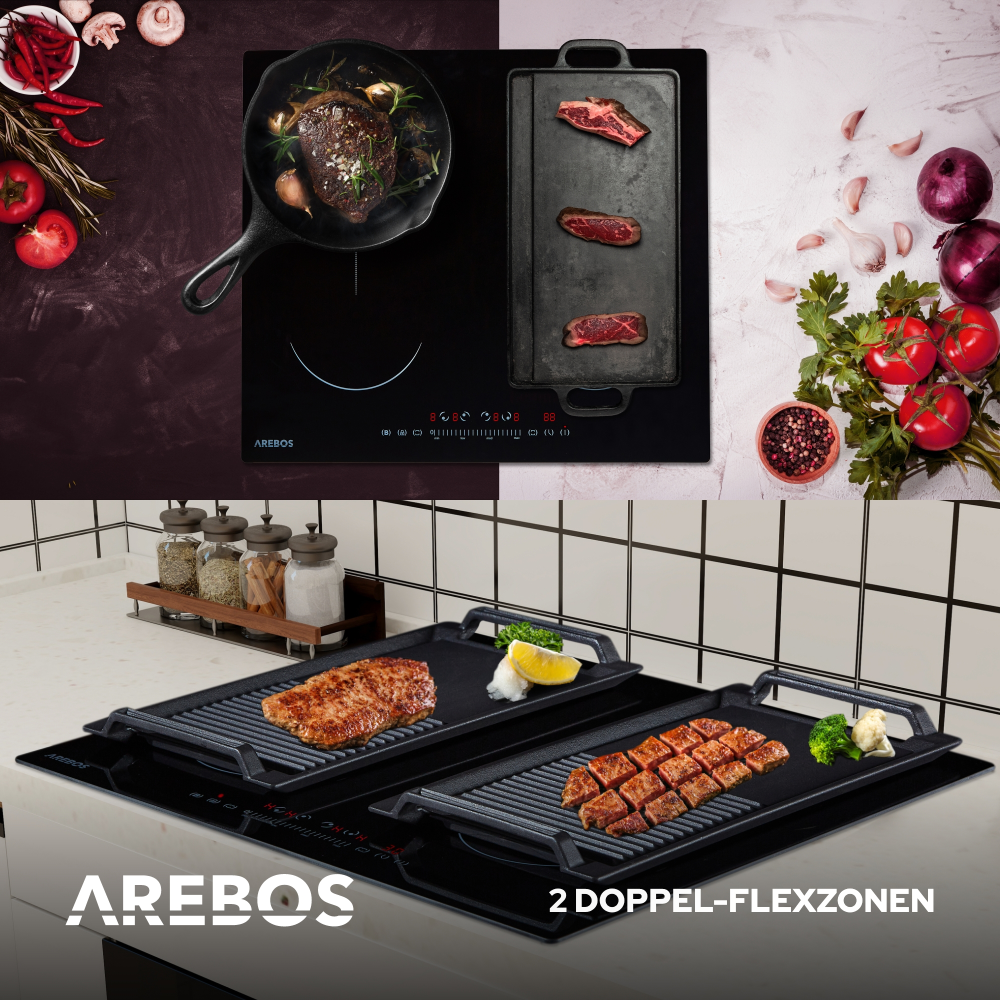 Schwarzes Kochfeld mit Steak in einer Pfanne und Grills mit Steaks auf weißem Fliesenboden.