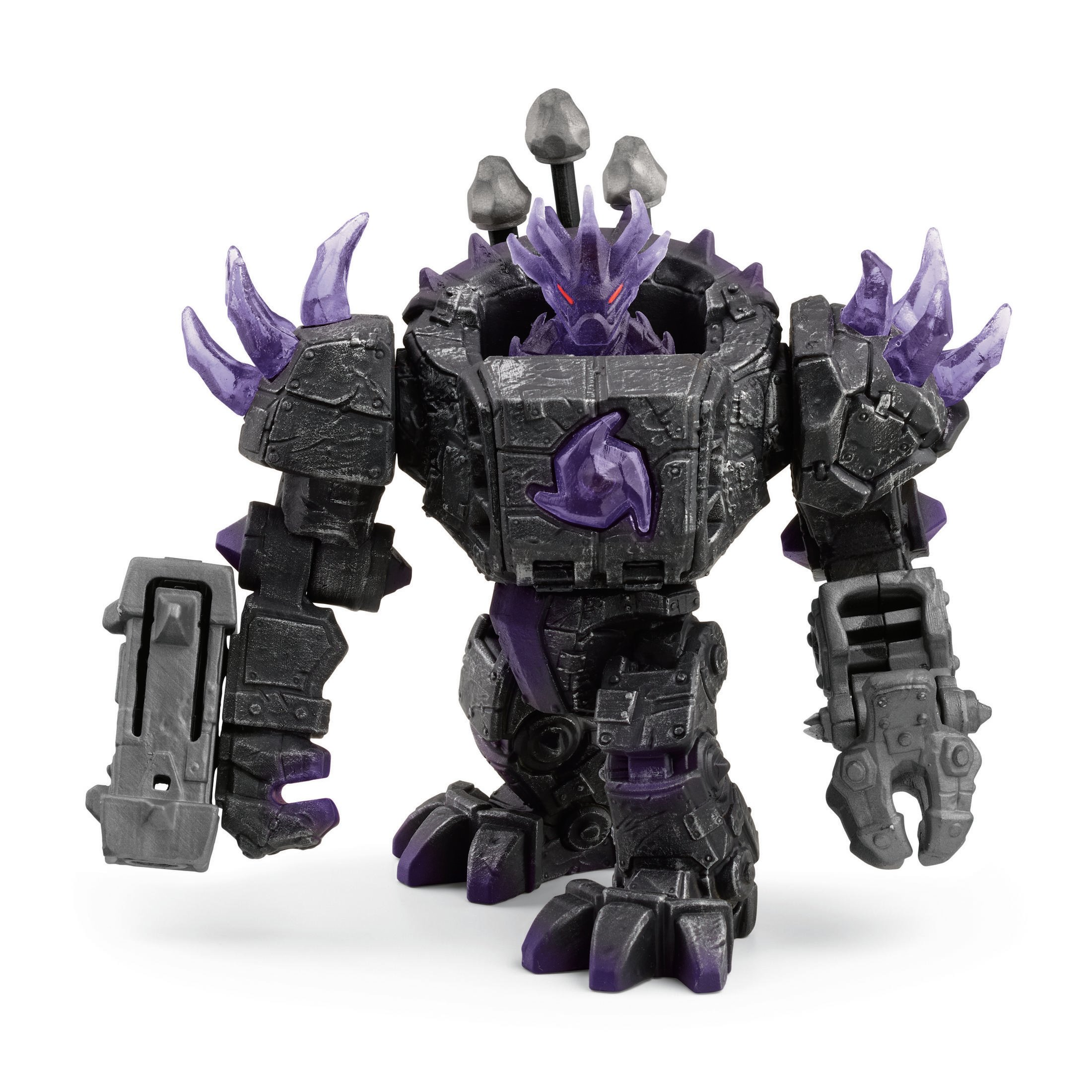 Zabawkowy robot z czarnymi i fioletowymi akcentami na białym tle.