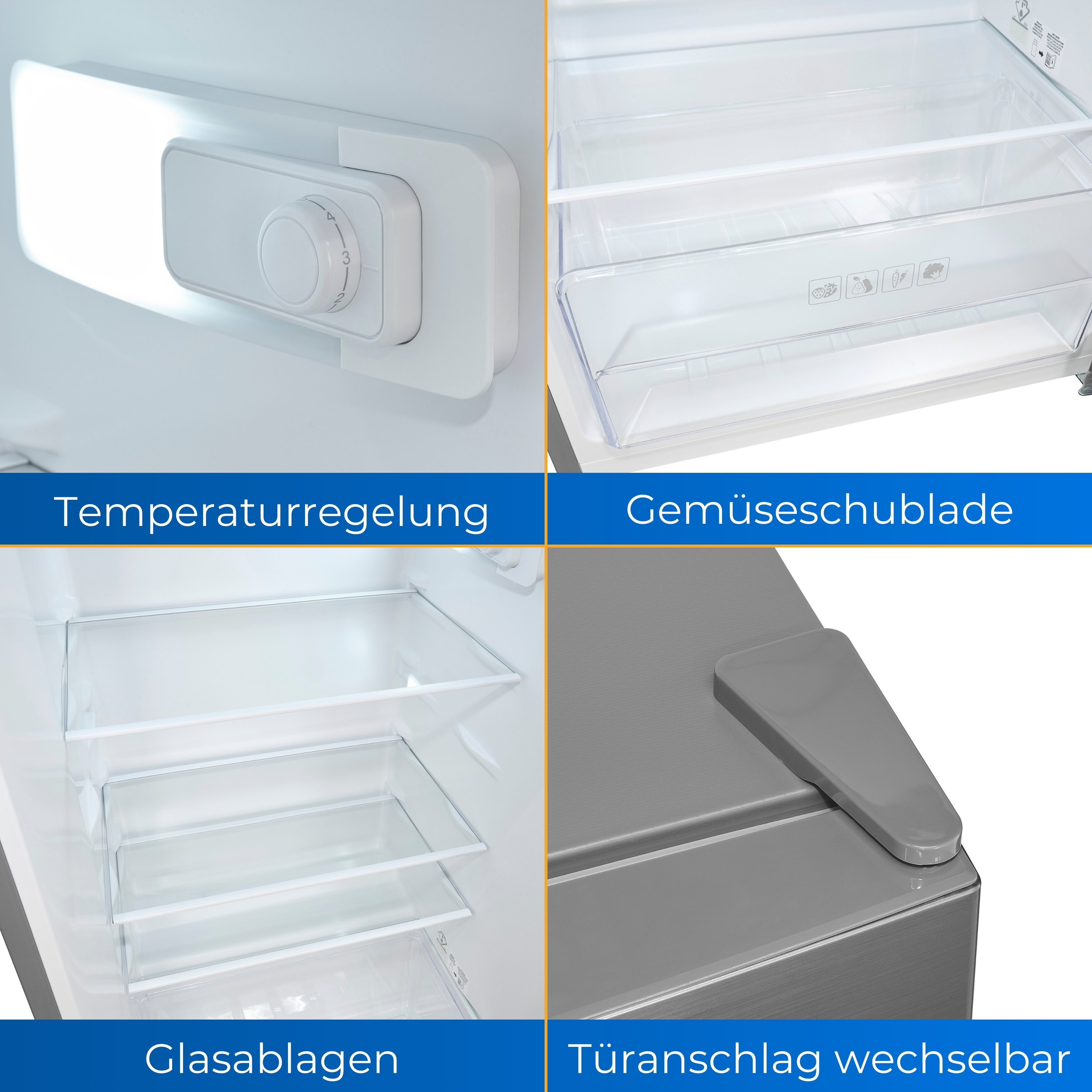 Nahaufnahme eines Kühlschrankinnenraums mit Temperaturreglern, Ablagen und Schubladen.
