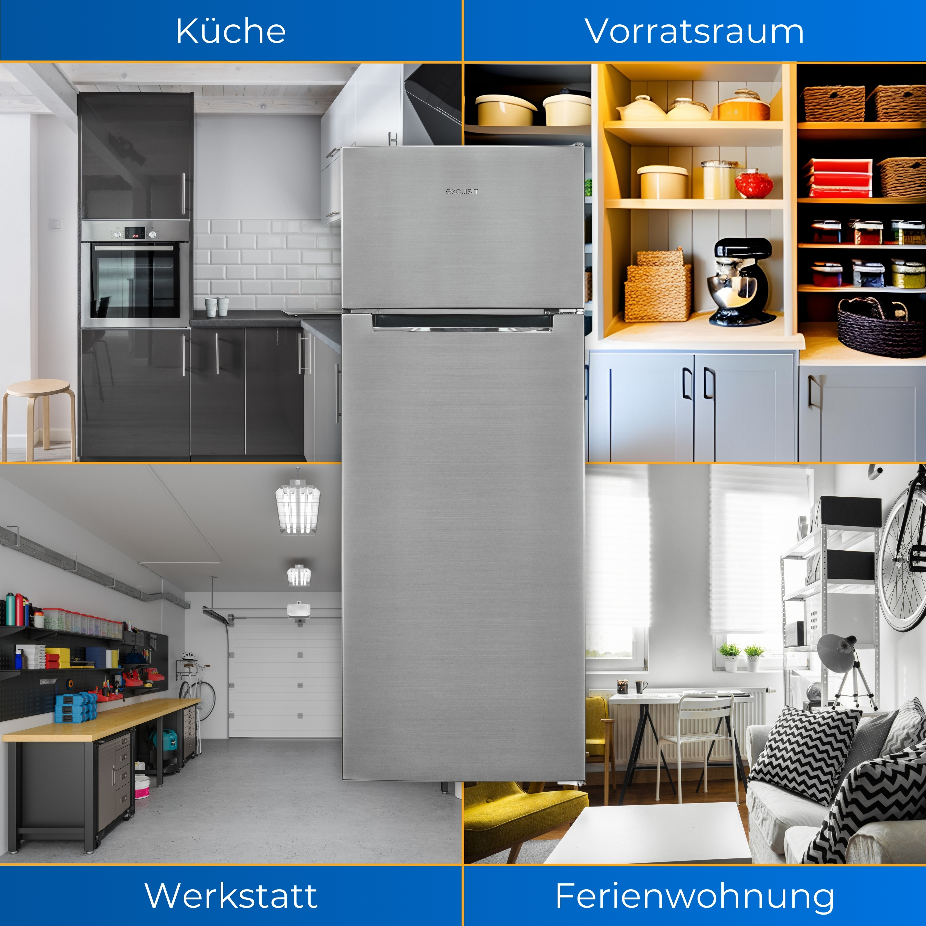 Ein Kühlschrank mit vier Bildern, die Küche, Vorratsraum, Werkstatt und Wohnung zeigen.