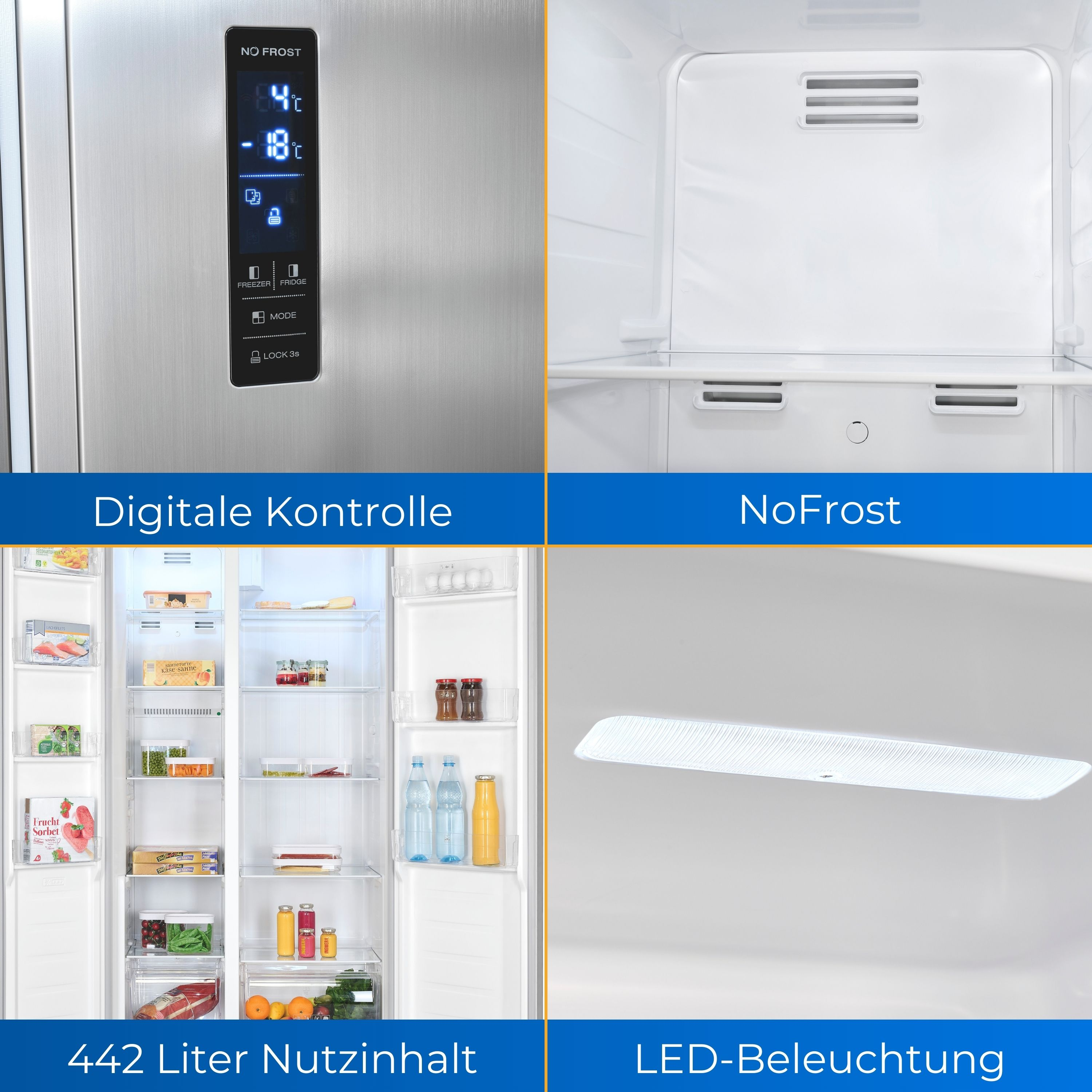 Kühlschrank mit digitalem Bedienfeld und Innenaufteilung.