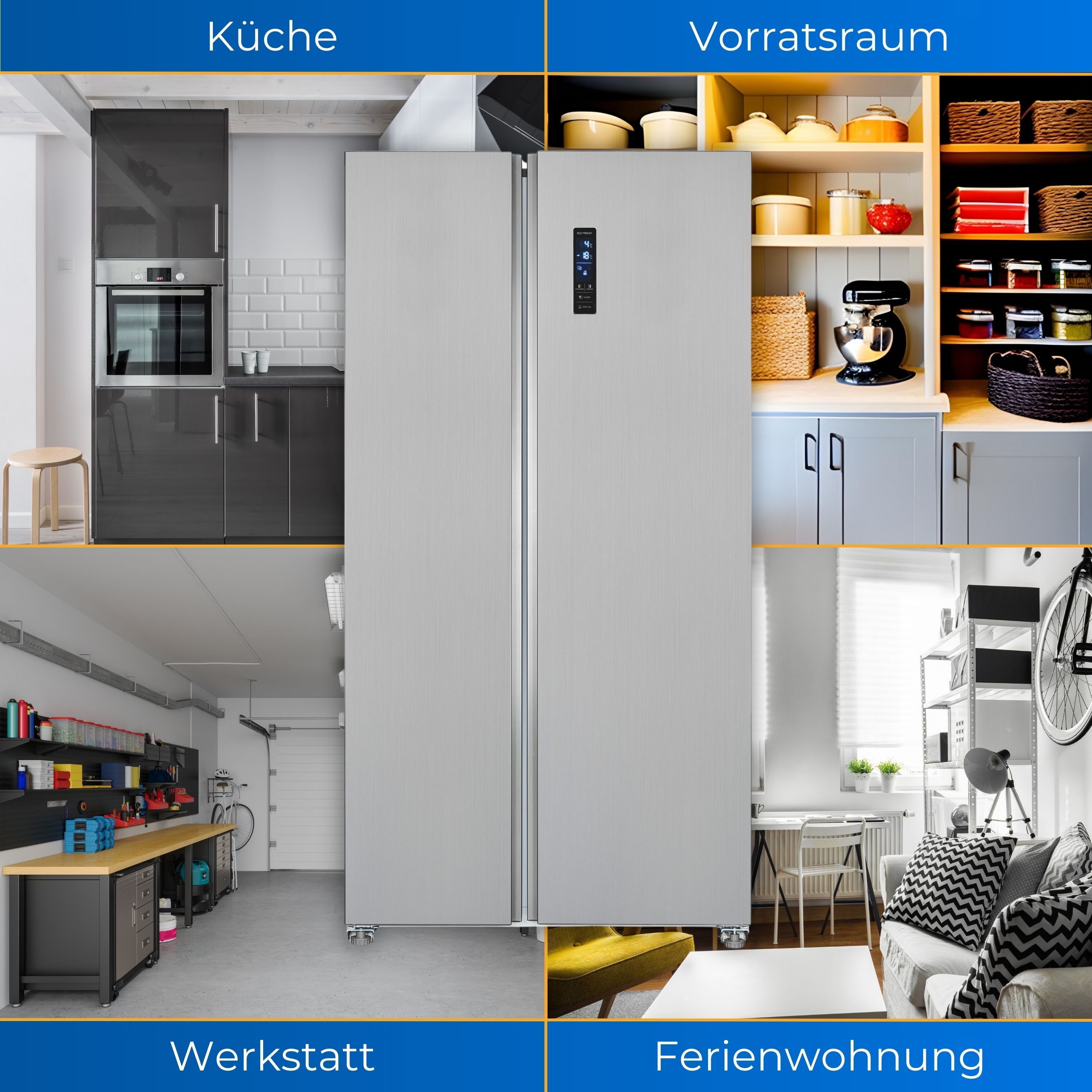 Ein vierteiliges Bild mit Küche, Vorratsraum, Werkstatt und Wohnung. Ein Kühlschrank steht in der Mitte.