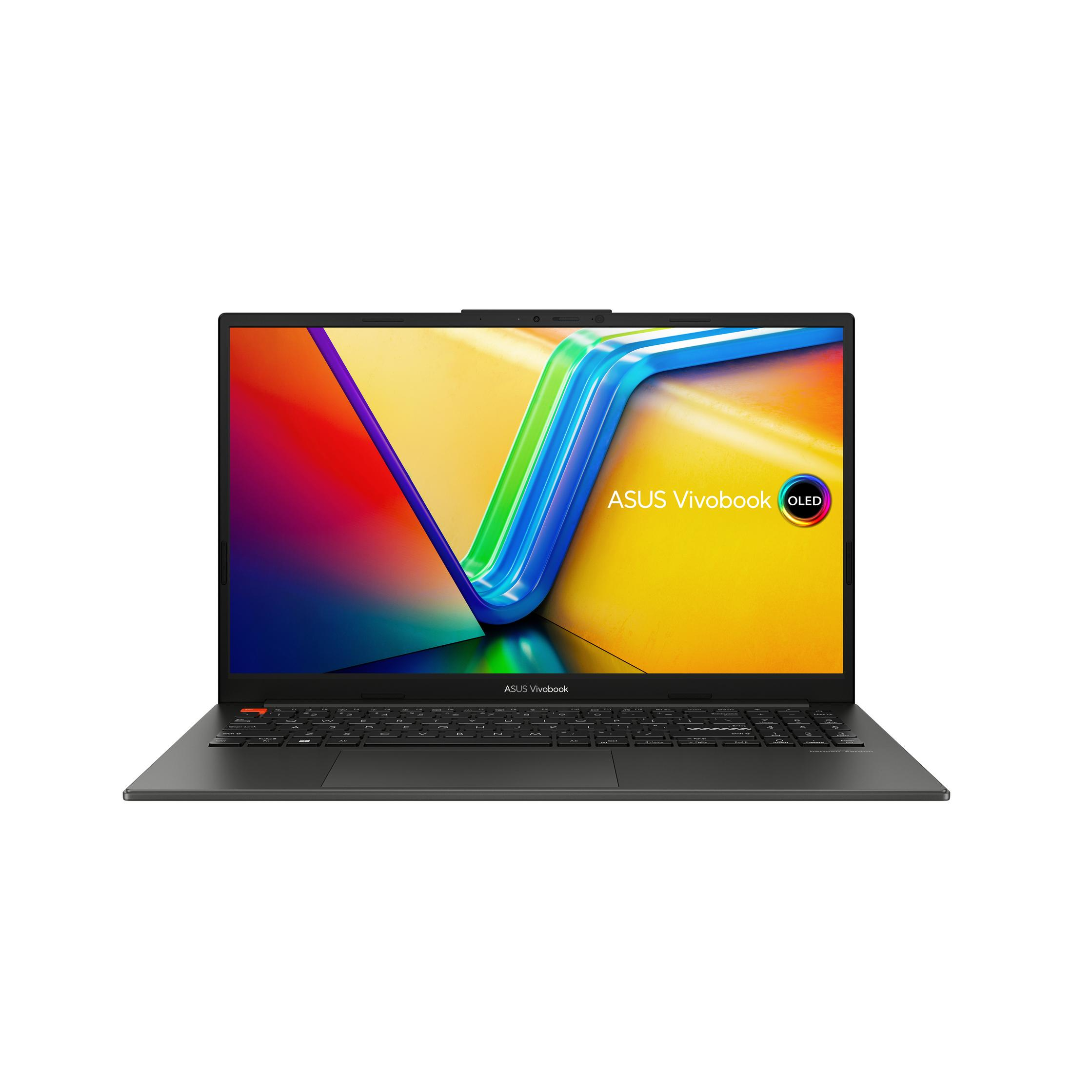 Laptop mit farbenfrohem Bildschirm, schwarzem Rahmen und Kamera. Der Laptop ist offen.