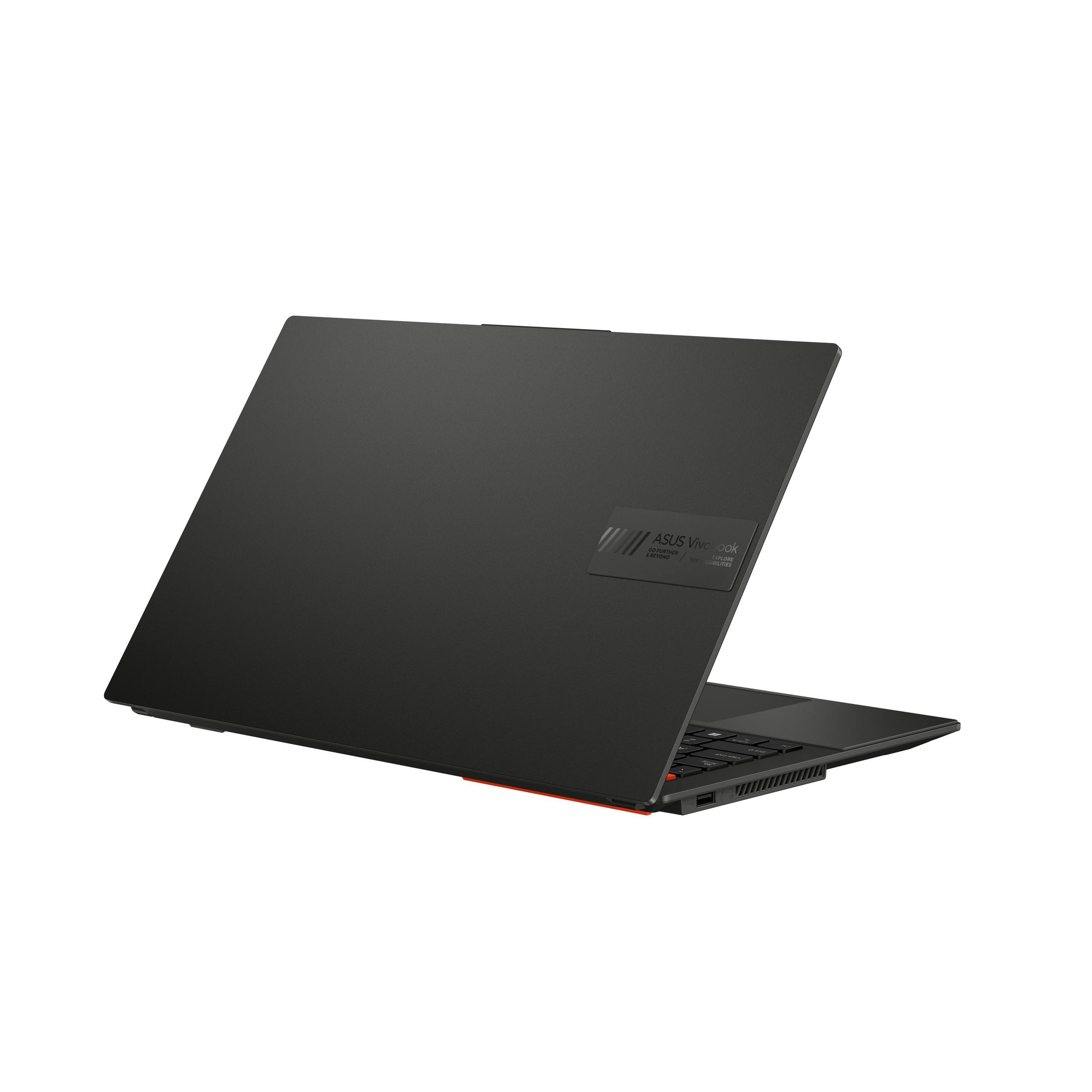 Schwarzer Laptop mit dem ASUS VivoBook-Logo auf der Rückseite. Der Laptop ist geöffnet.