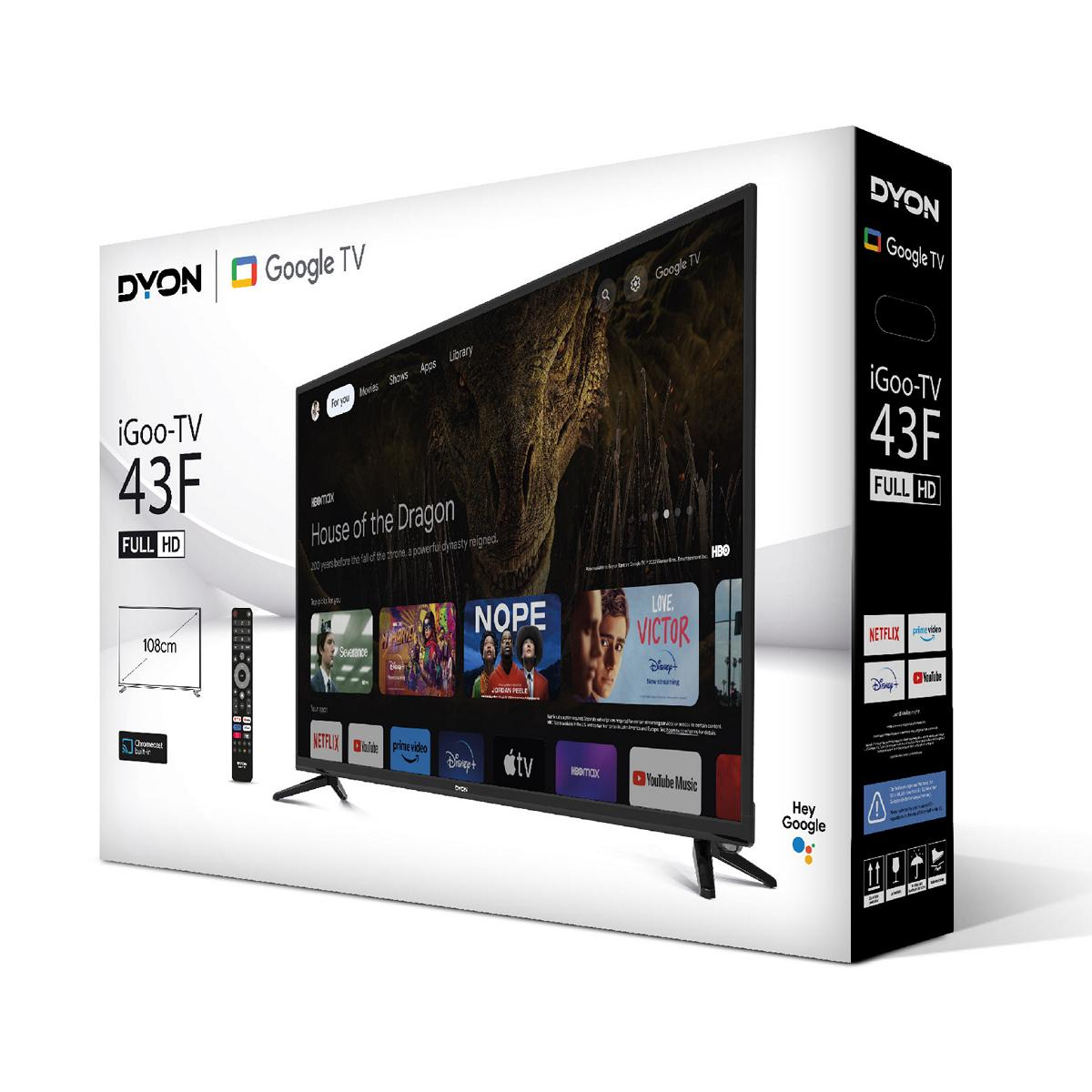Eine Dyon iGoo-TV 43F Full HD TV-Box mit Fernbedienung. TV zeigt eine Szene aus House of the Dragon.