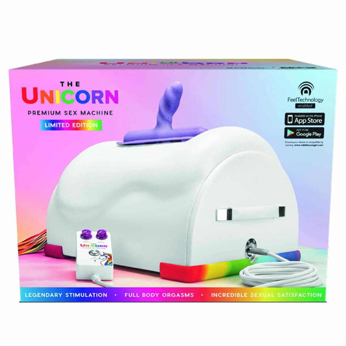 Eine Sexmaschine in einer Box. Sie ist weiß und hat einen lila Dildo. Die Box hat Text und Logos.