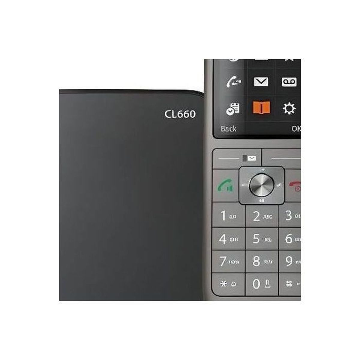 Nahaufnahme eines schwarzen Telefons mit Tastatur und LCD-Bildschirm. Das Telefon steht auf einer weißen Oberfläche.
