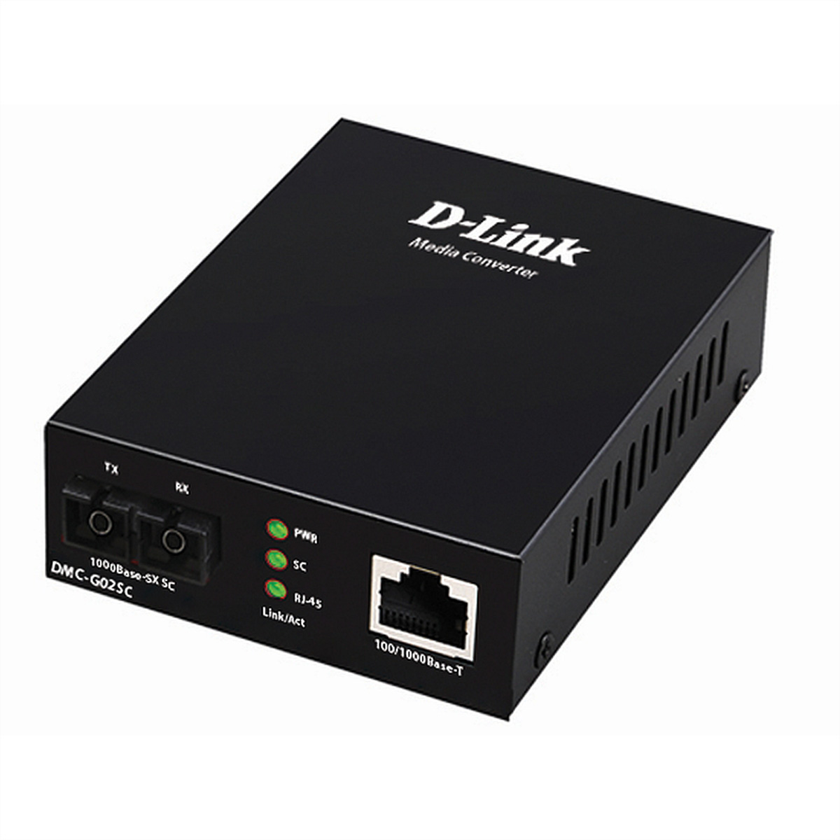 Schwarzer D-Link Medienkonverter. Enthält Anschlüsse und Statusleuchten.
