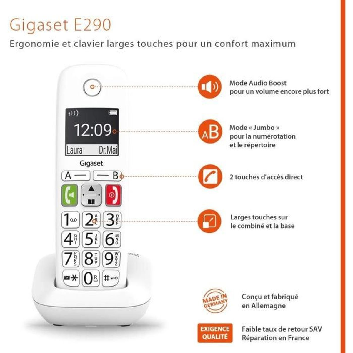 Ein weißes Festnetztelefon mit Bildschirm und großen Tasten, mit Text.