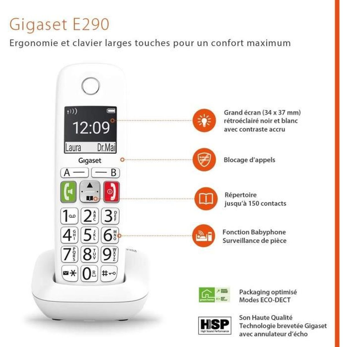 Weißes schnurloses Telefon mit Bildschirm, der Zeit anzeigt, Tasten und eine Ladestation mit Symbolen.