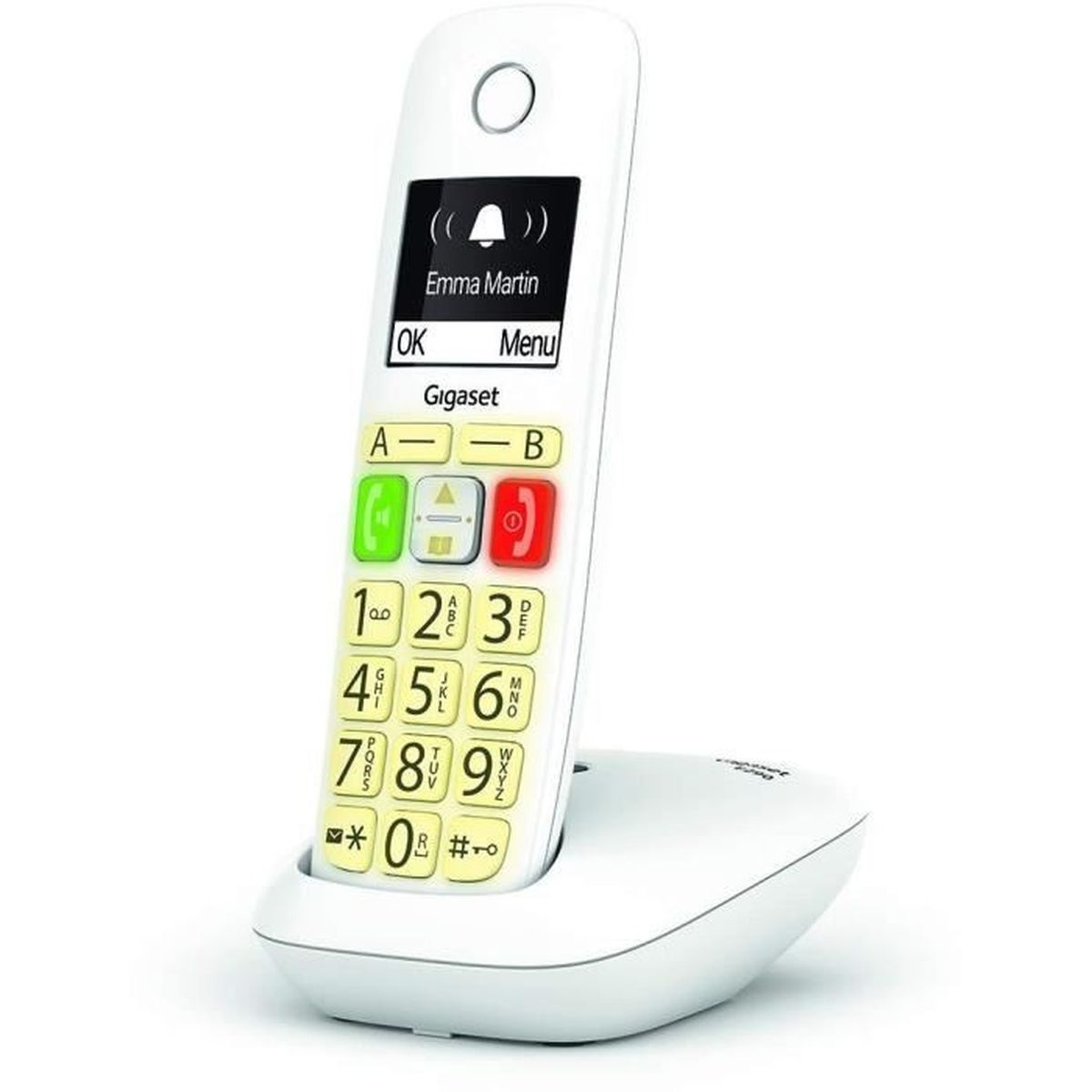 Weißes schnurloses Telefon auf einer Basis. Der Bildschirm zeigt 'Emma Martin' und Telefonsymbole.