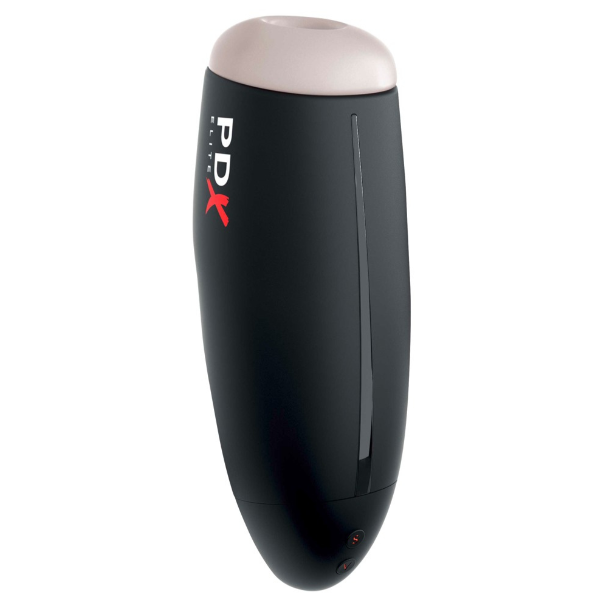 Juguete sexual negro con la parte superior beige. Texto rojo 'PDX Elite'. Botones abajo.