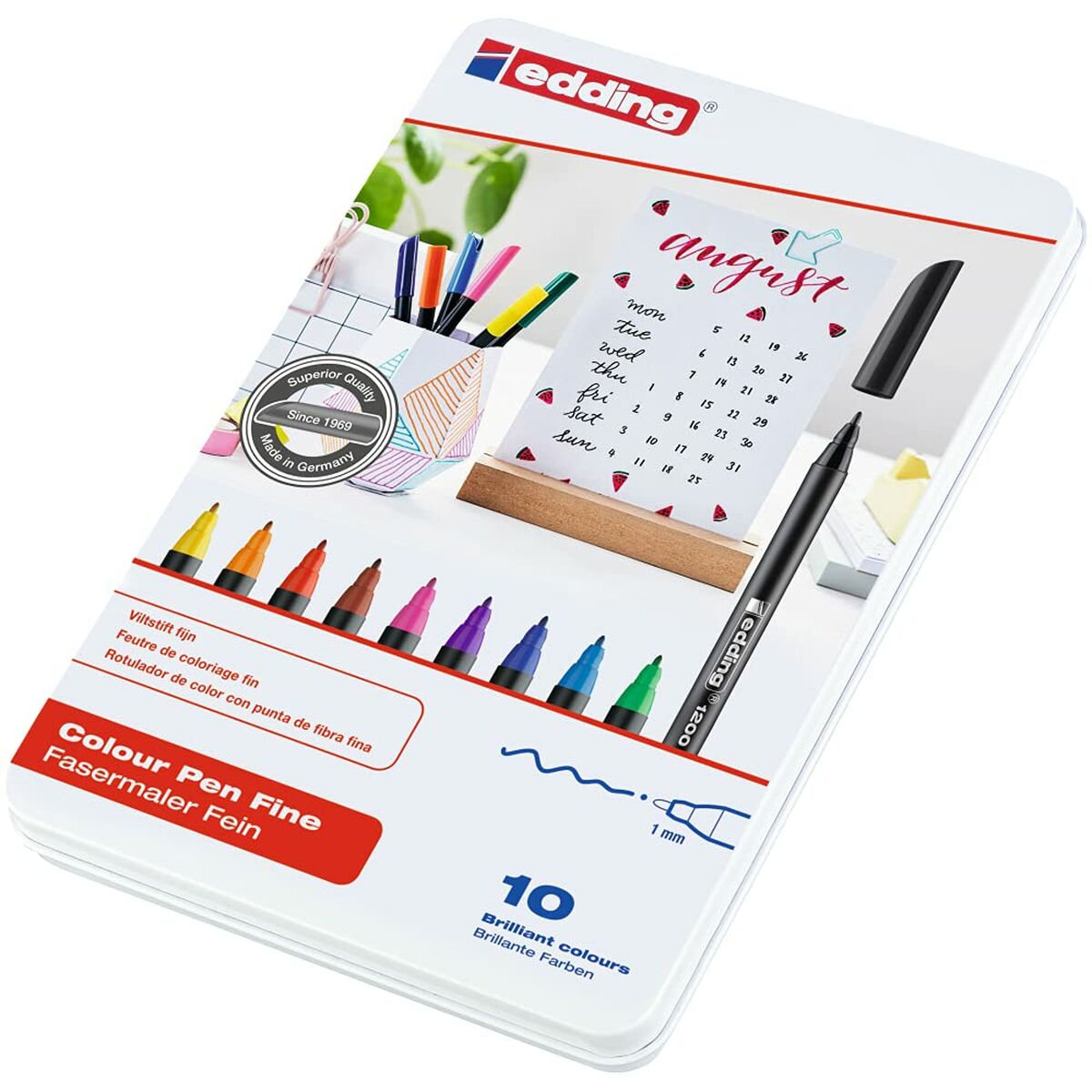 Ein Set bunter Filzstifte in einer weißen Dose. Ein Kalender und ein Stift sind ebenfalls zu sehen.