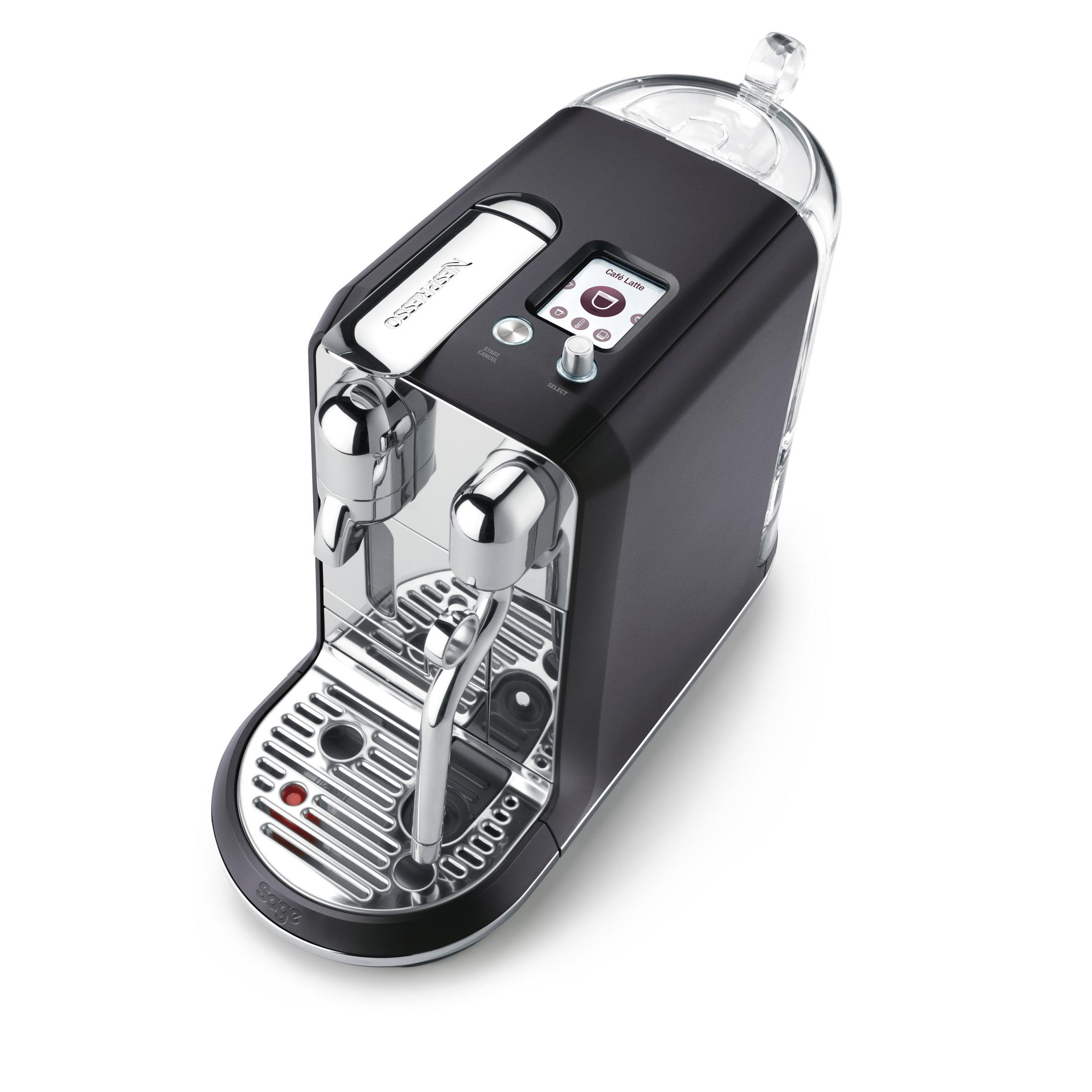 Eine schwarze und silberne Nespresso-Kaffeemaschine mit Digitalanzeige und kleinem rotem Licht.
